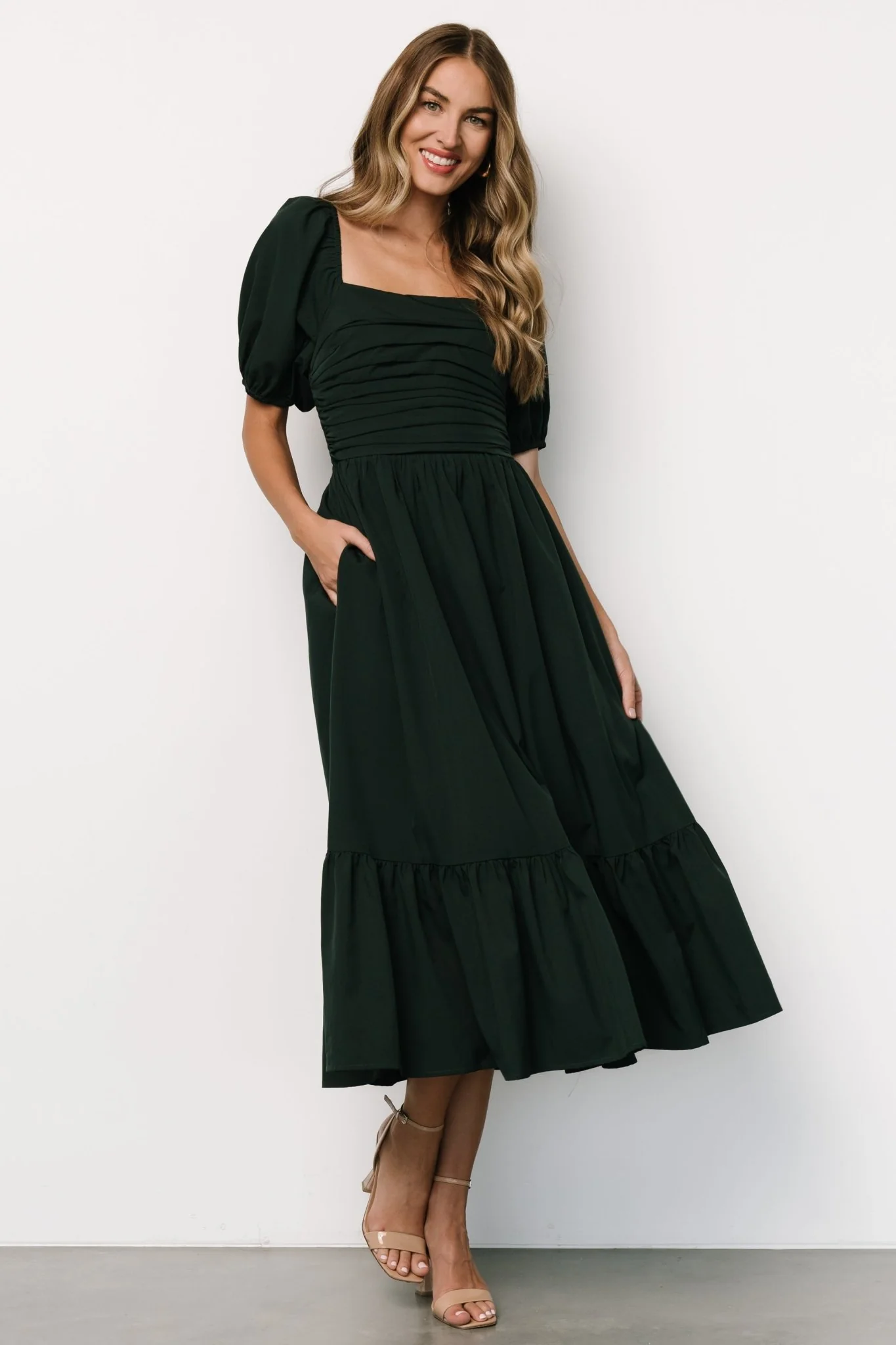 Andrea Pleated Midi Dress | Forest Green - Meetpaco
