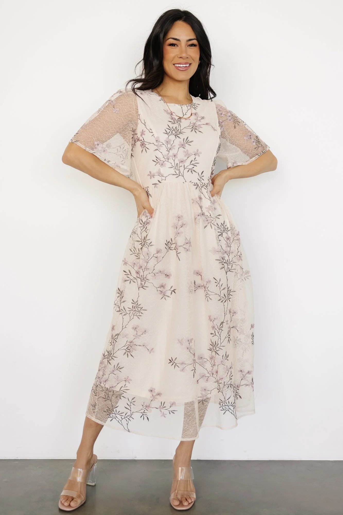 Ashlee Embroidered Midi Dress | Cream + Lavender Floral - Meetpaco