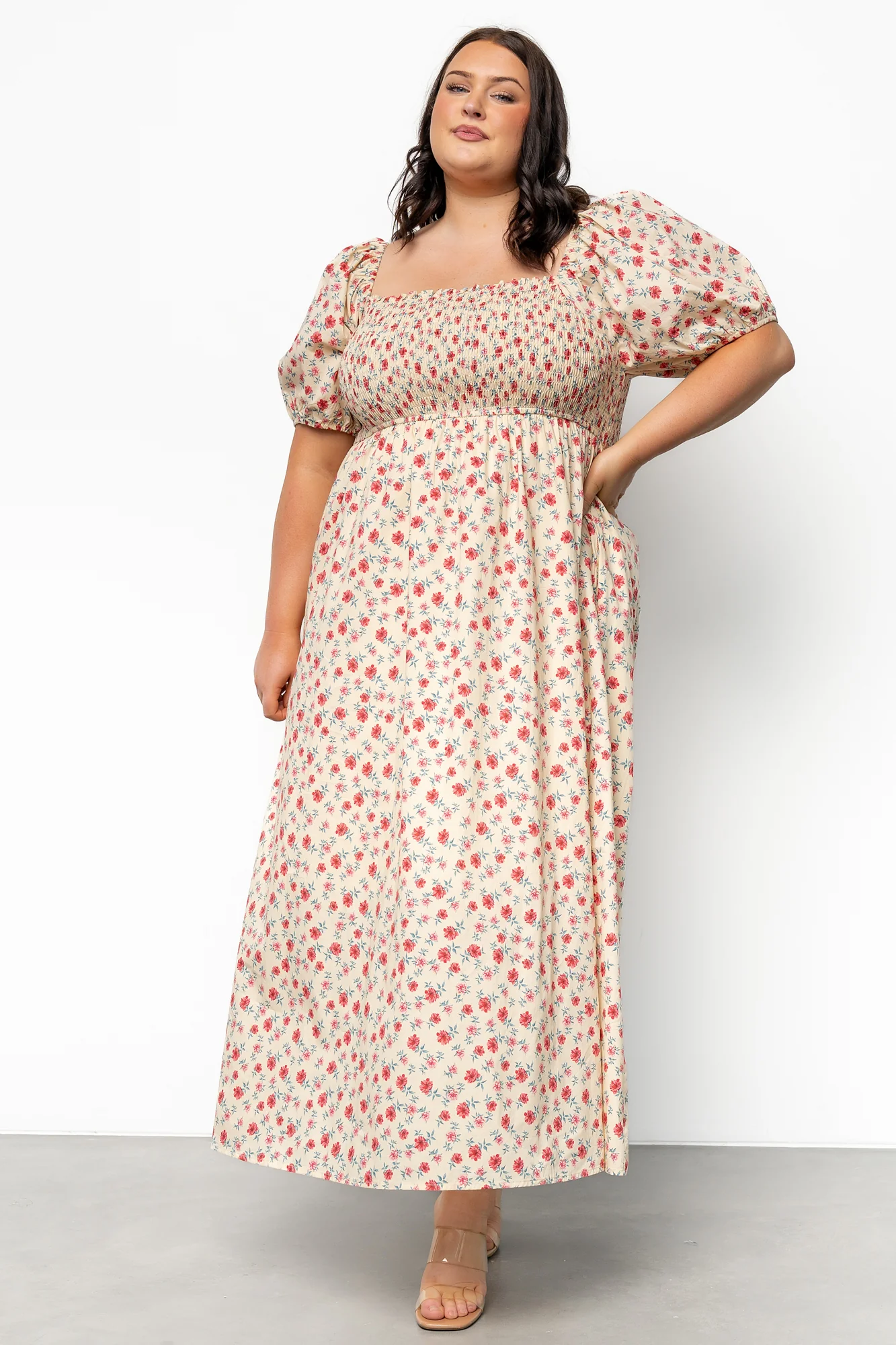 Haddie Smocked Midi Dress | Cream + Rose Floral - Meetpaco