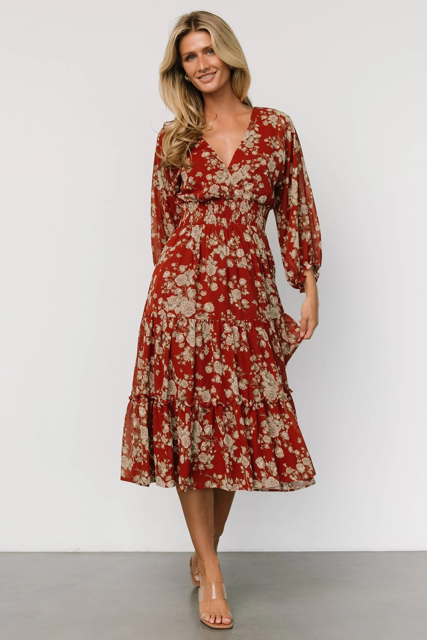 Coventry Tiered Midi Dress | Rust Floral - Meetpaco
