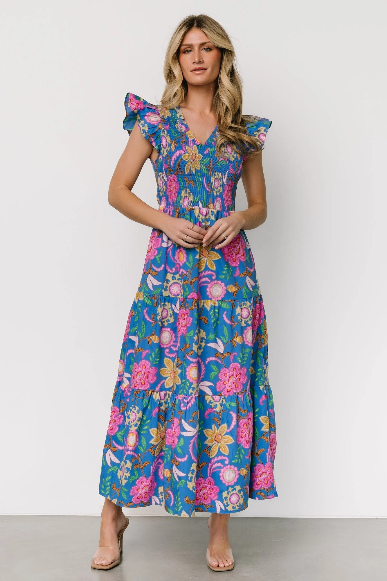 Ranchero Smocked Maxi Dress | Blue Multi Print - Meetpaco