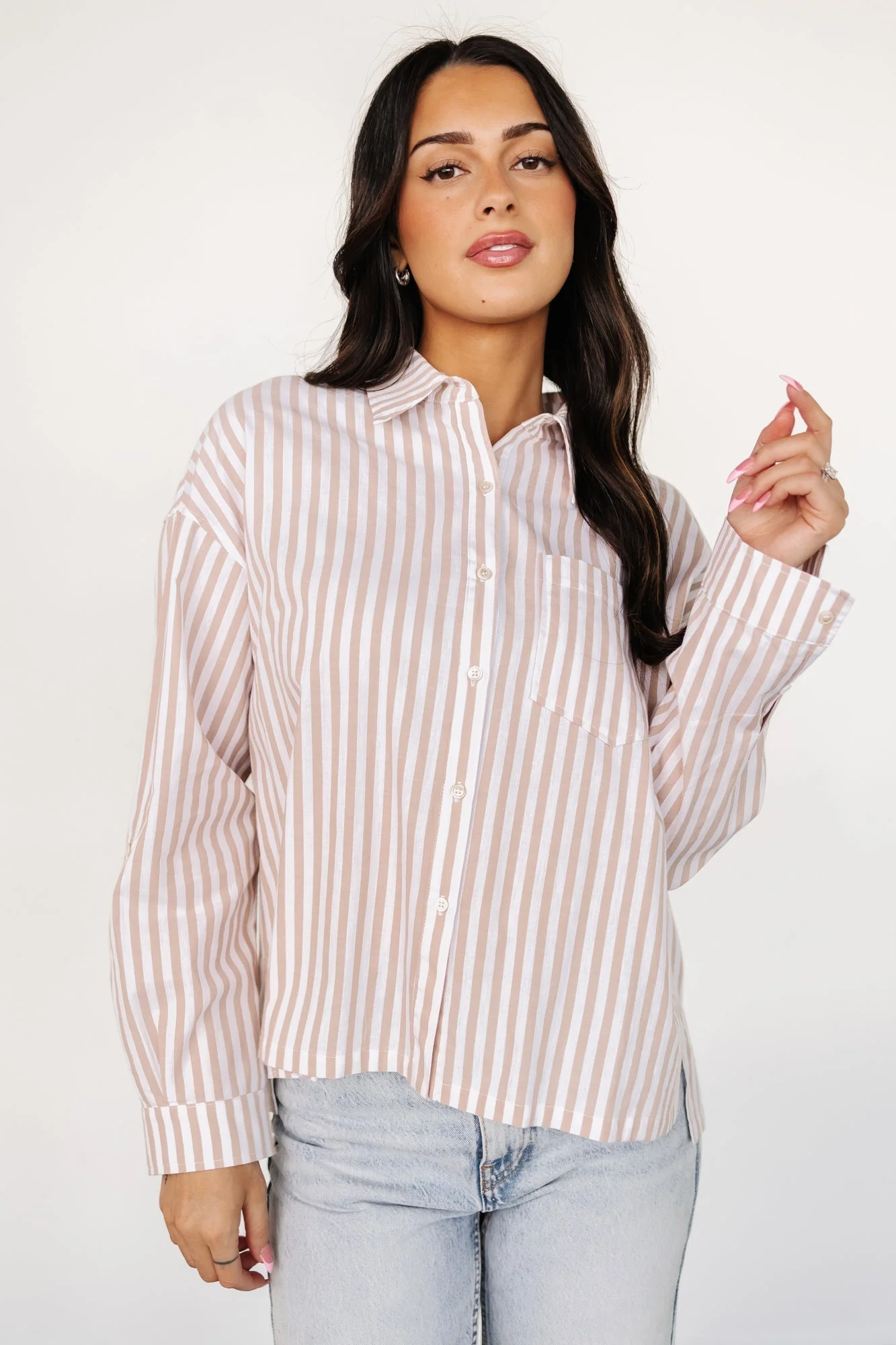Shasta Button Up Top | Beige Stripe - Meetpaco