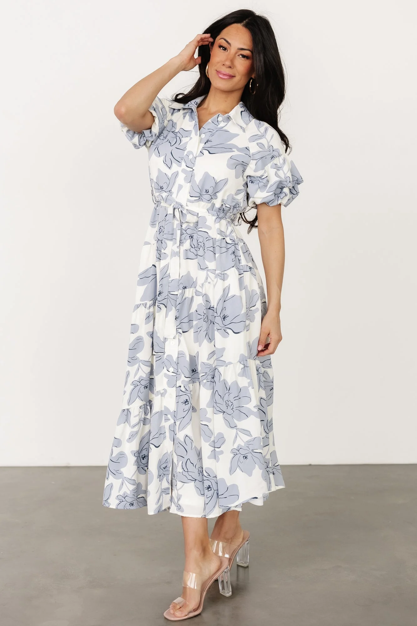 Albany Button Dress | Ivory + Blue - Meetpaco