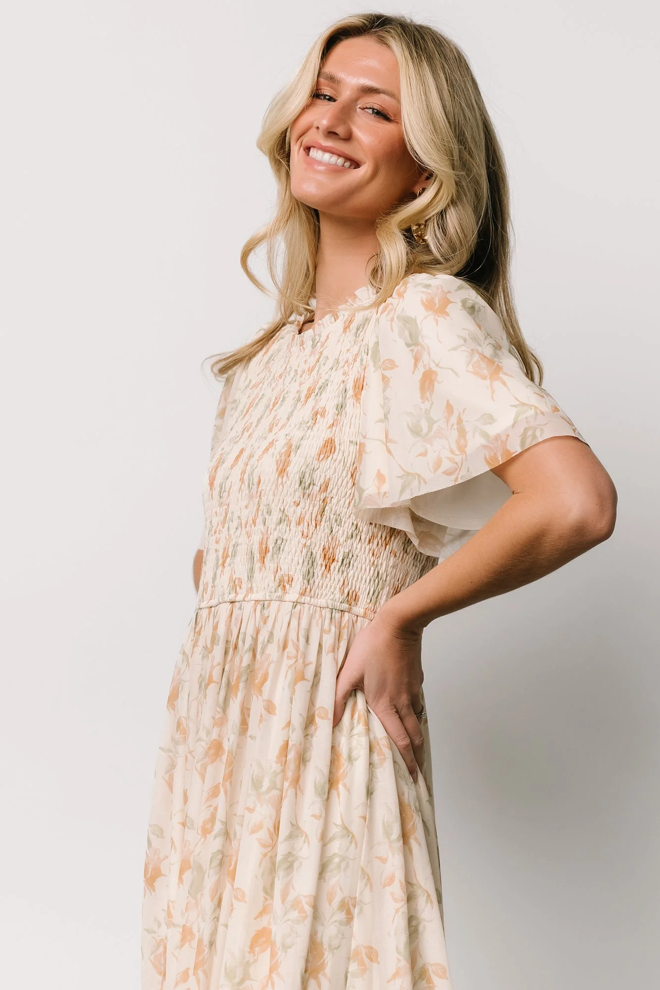 Bailey Smocked Midi Dress | Ivory + Golden Floral - Meetpaco