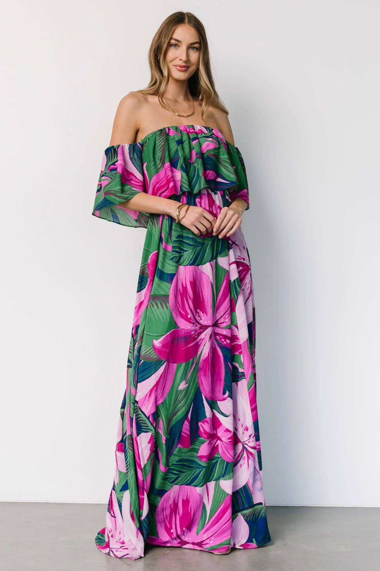 Azalea Off Shoulder Maxi Dress | Green + Fuchsia Floral - Meetpaco