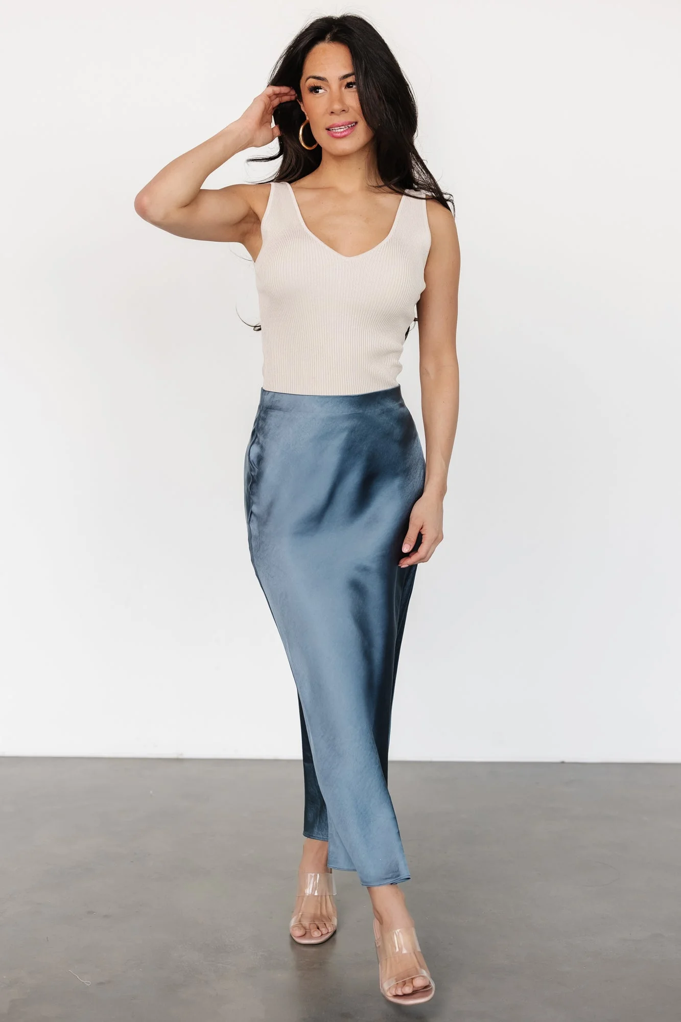 Celeste Satin Midi Skirt | Steel Blue - Meetpaco