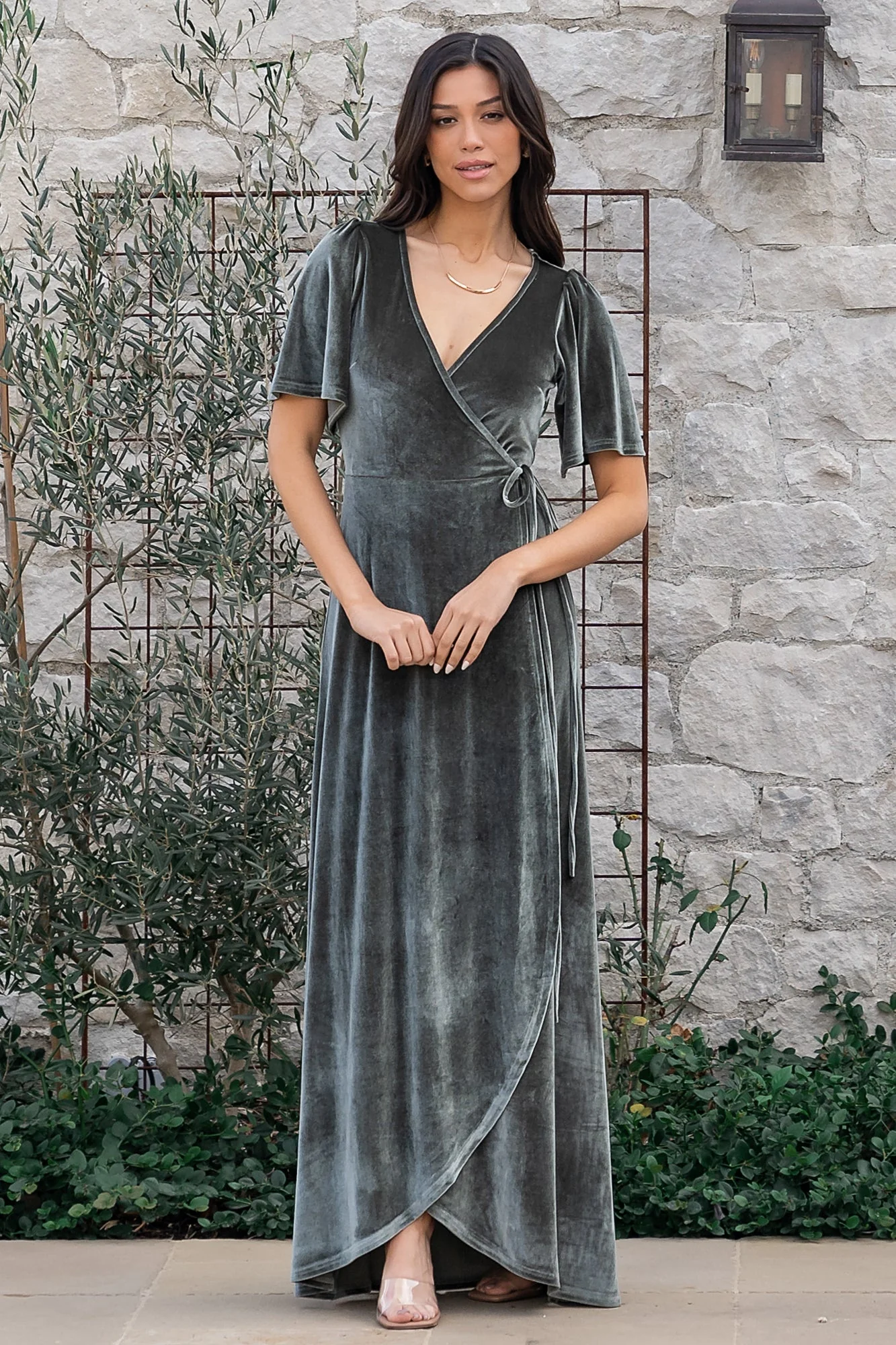 Katelyn Velvet Maxi Wrap Dress | Eucalyptus - Meetpaco