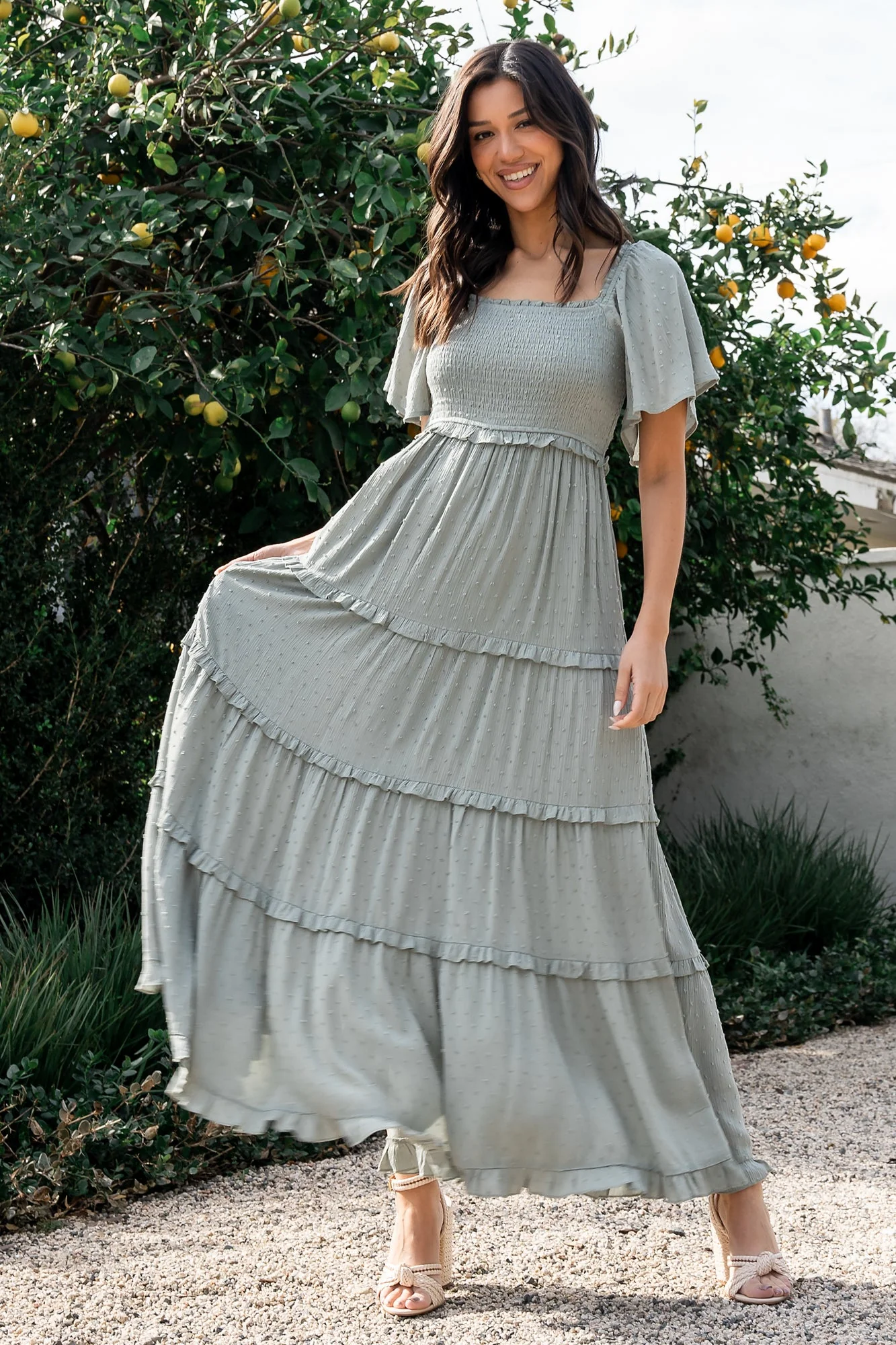 Lenora Smocked Dotted Maxi Dress | Sage - Meetpaco