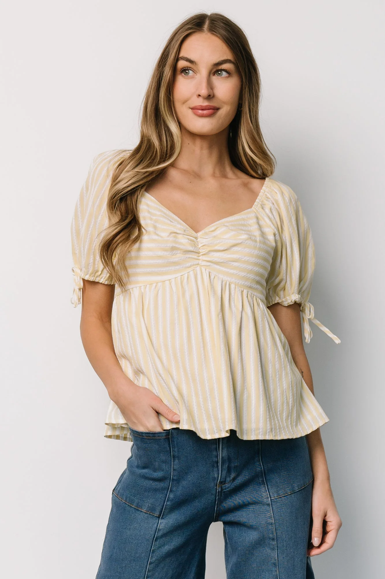 Betsy Peplum Top | Yellow + White Stripe - Meetpaco