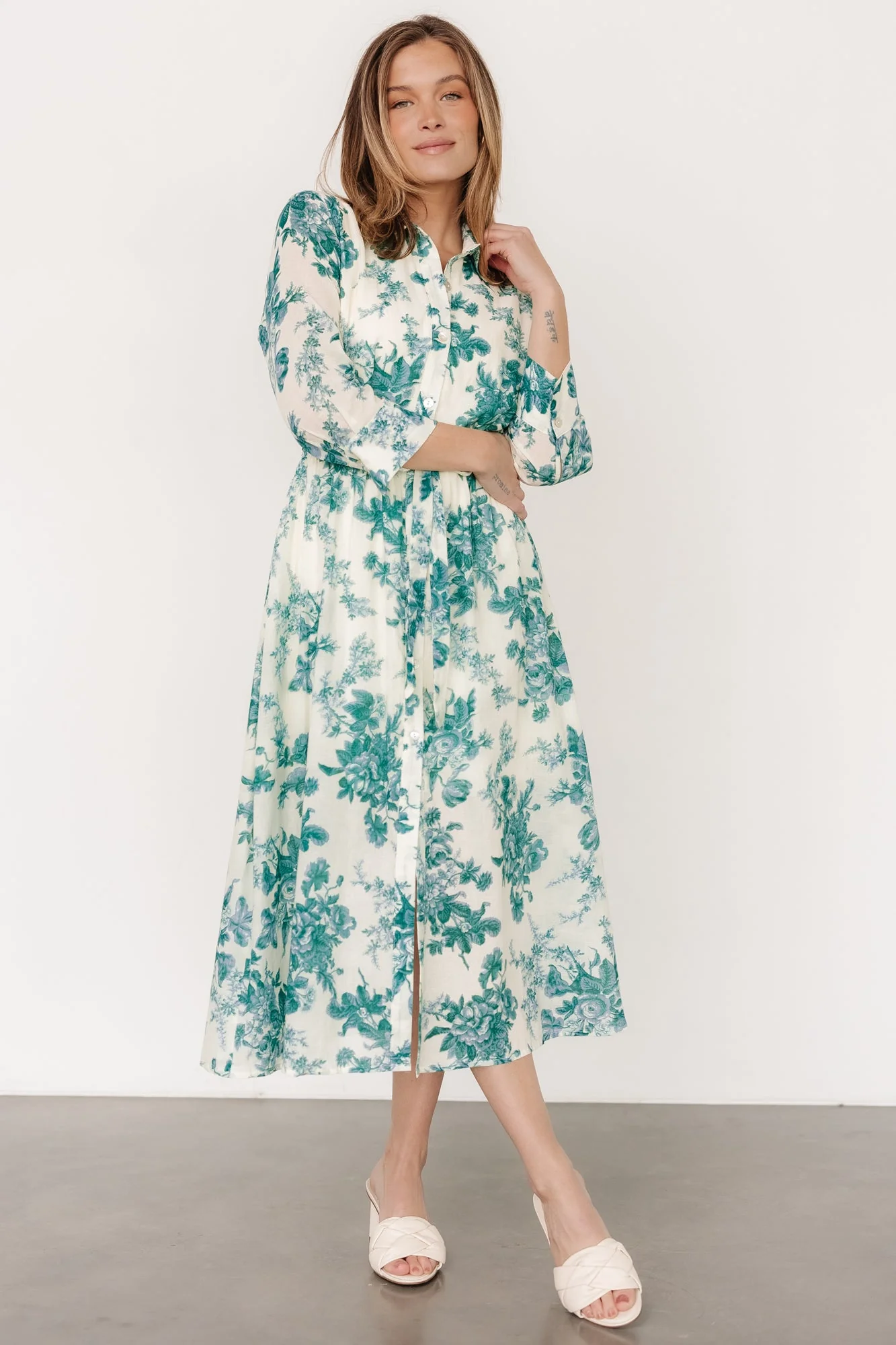 Eunice Button Midi Dress | Cream + Green Floral - Meetpaco