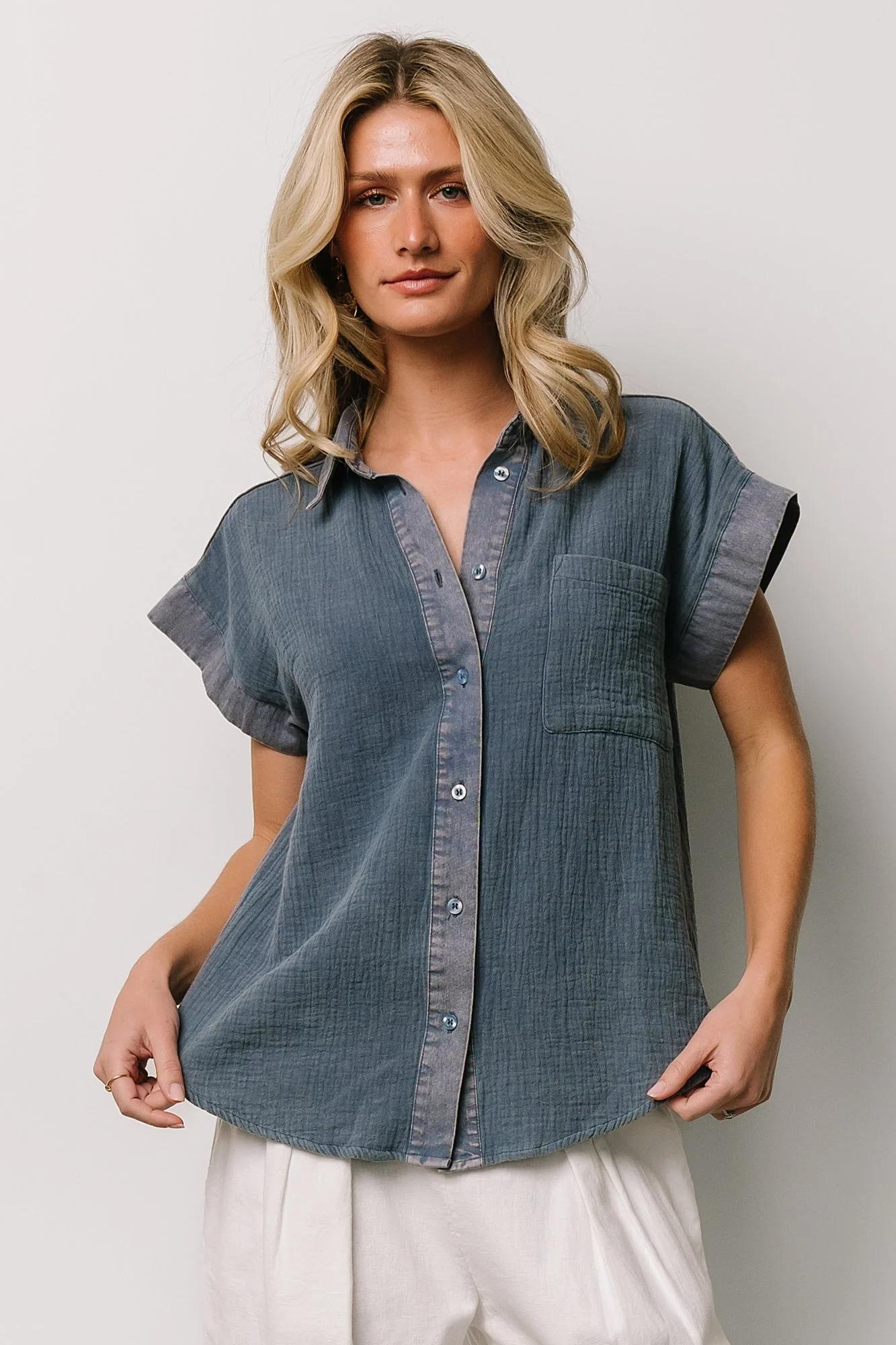 Jaye Button Top | Denim Blue - Meetpaco