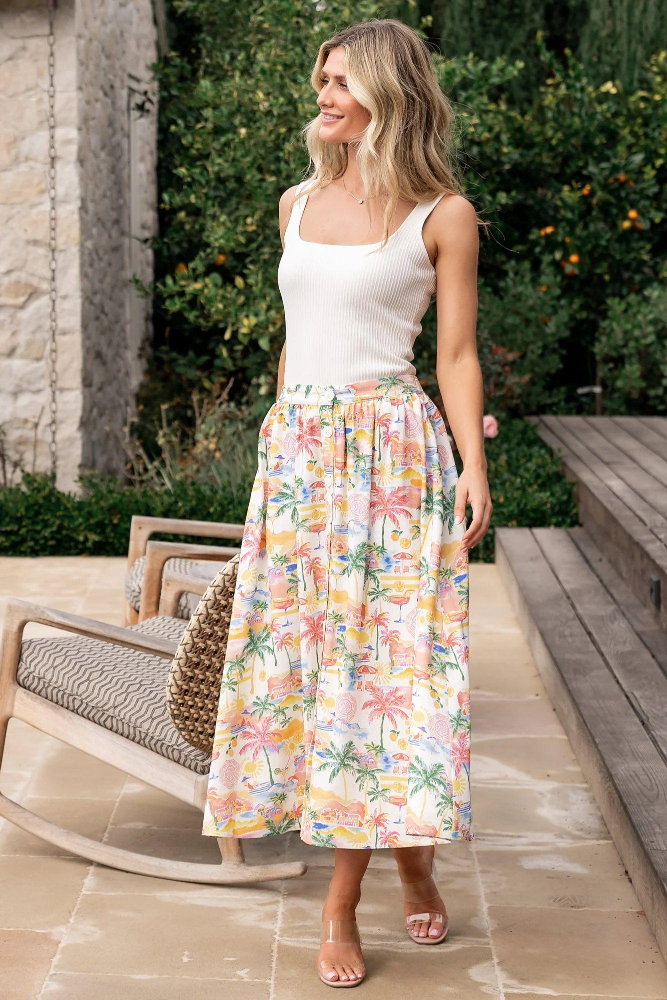 Gigi Button Midi Skirt | Off White + Multi Print - Meetpaco