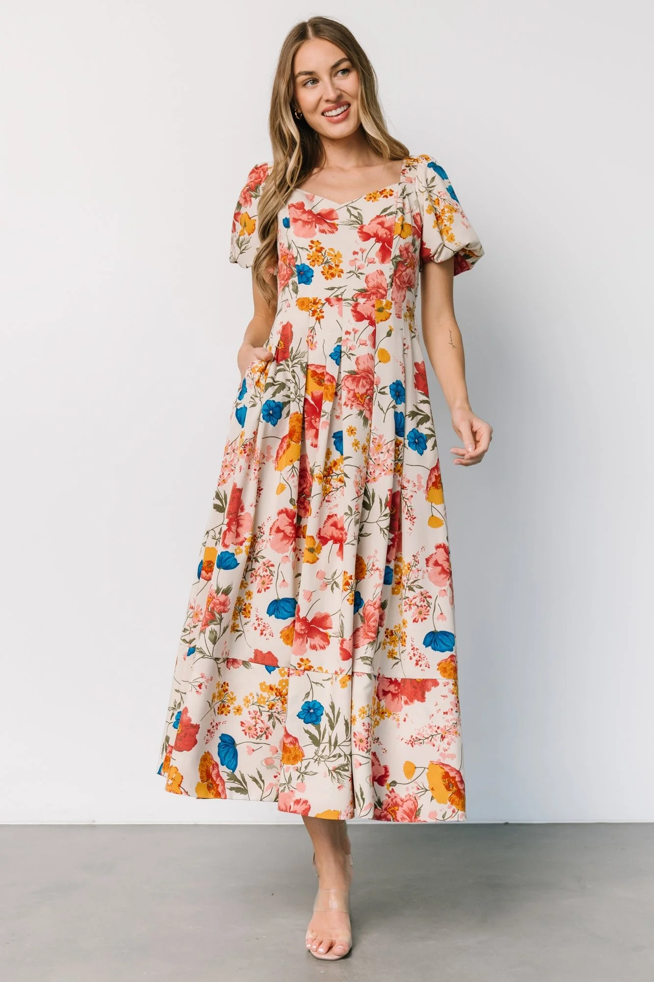 Greta Pleated Maxi Dress | Cream Multi Floral - Meetpaco