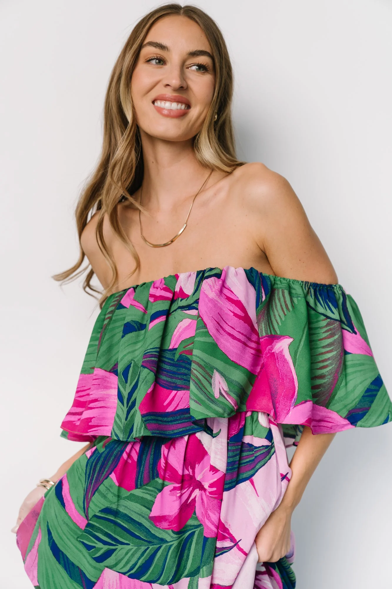 Azalea Off Shoulder Maxi Dress | Green + Fuchsia Floral - Meetpaco