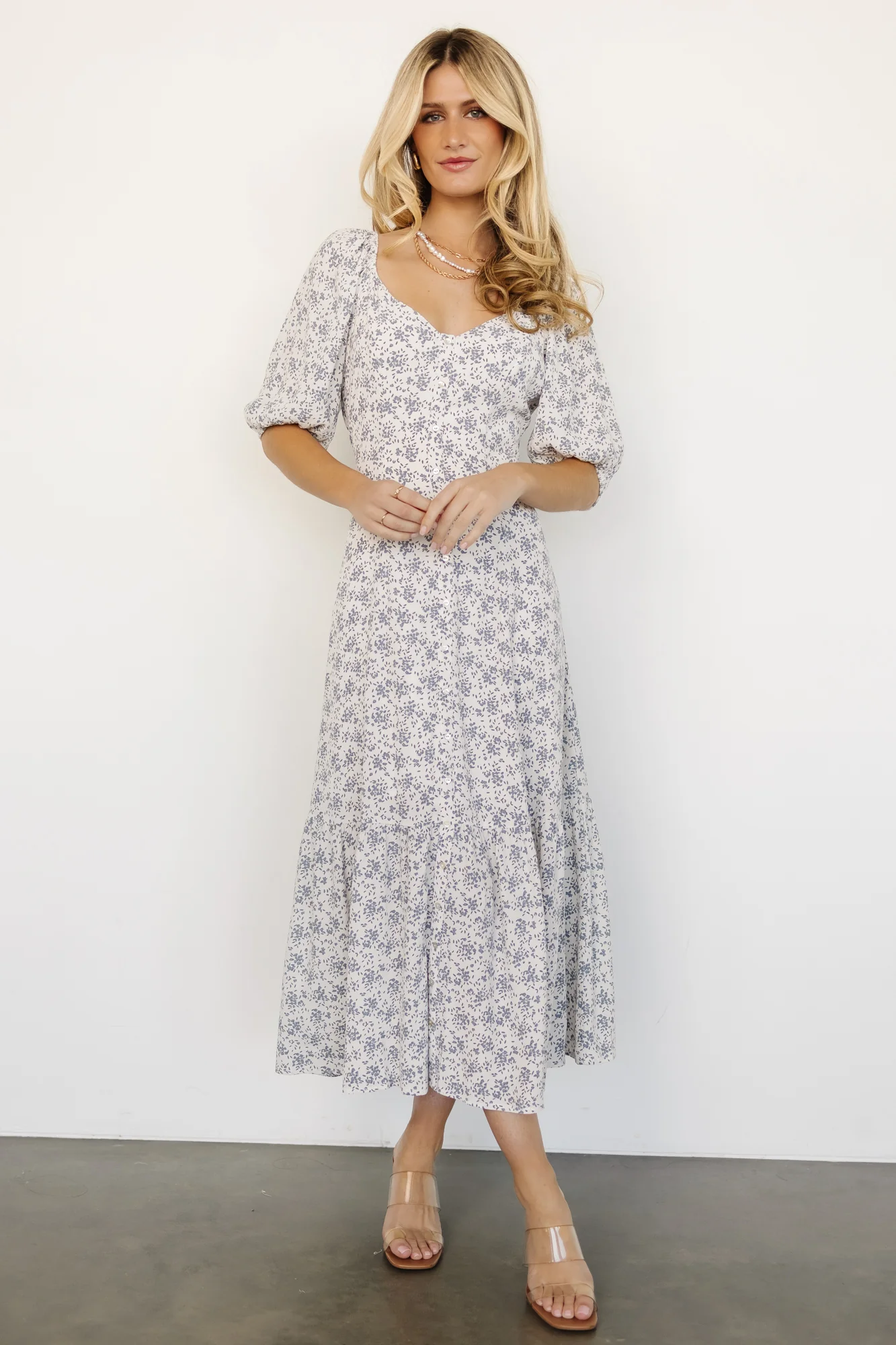 Elisabeth Button Dress | Off White + Blue Floral - Meetpaco