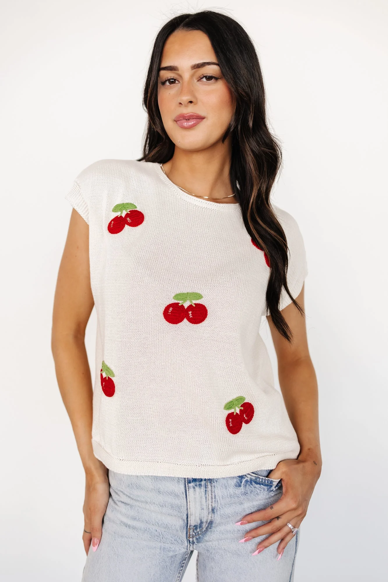 Lexie Knit Top | Cream + Cherry Applique - Meetpaco