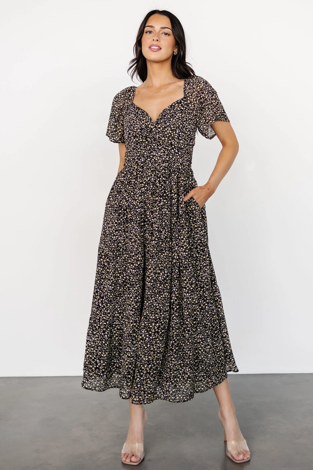 Emiliana Dress | Black + Gold Floral - Meetpaco