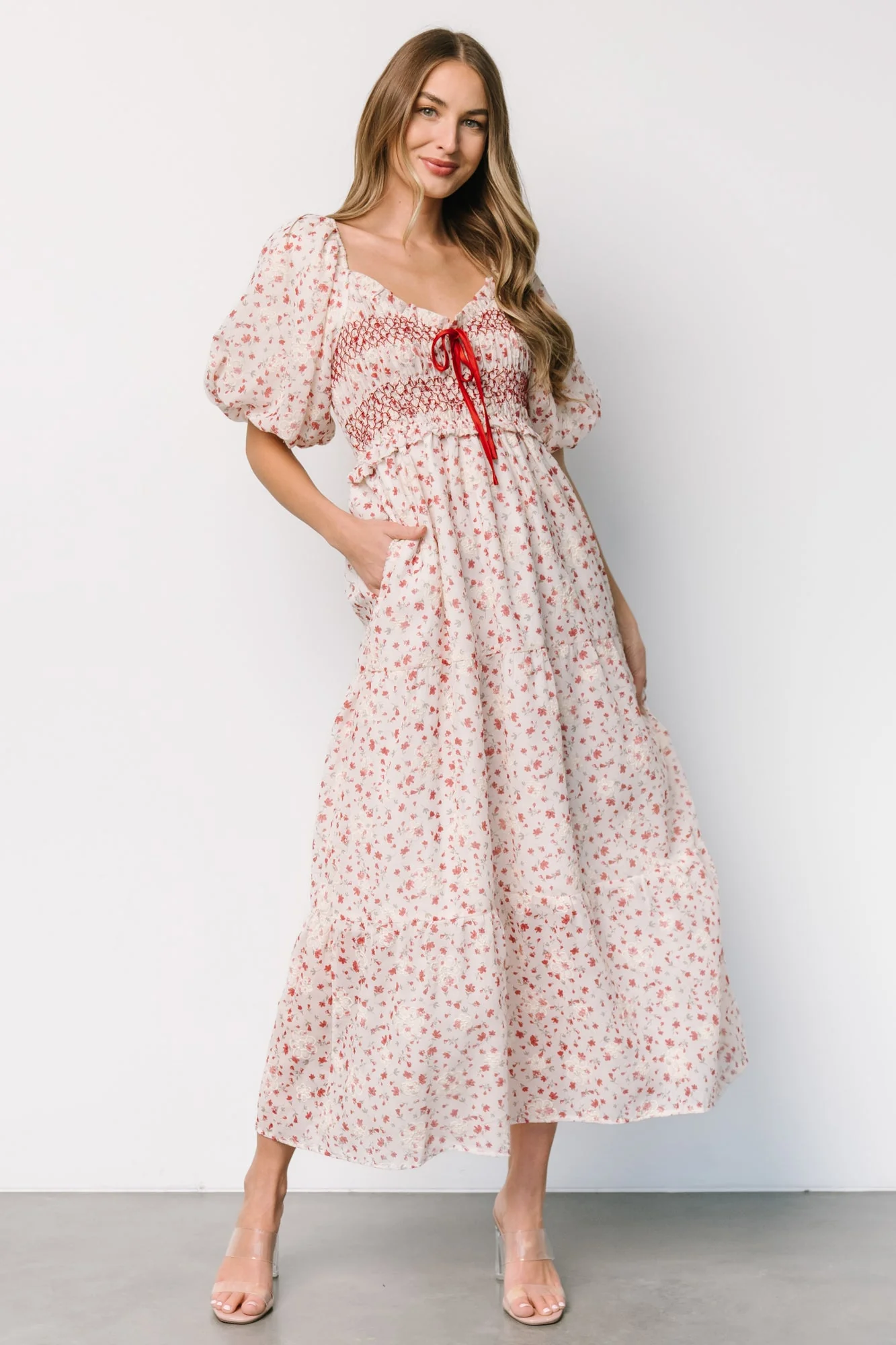 Hollie Smocked Dress | Cream + Red Floral - Meetpaco