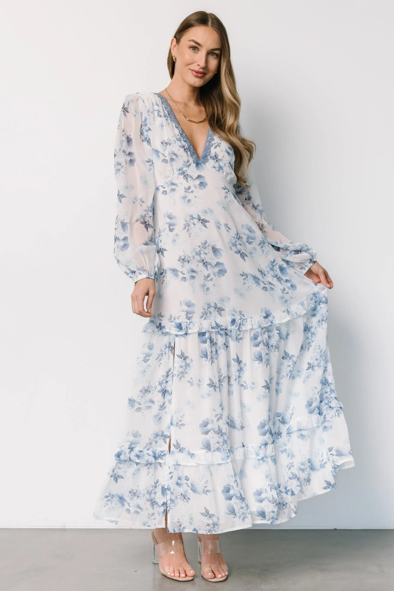 Rumi Deep V Maxi Dress | Off White + Blue Floral - Meetpaco