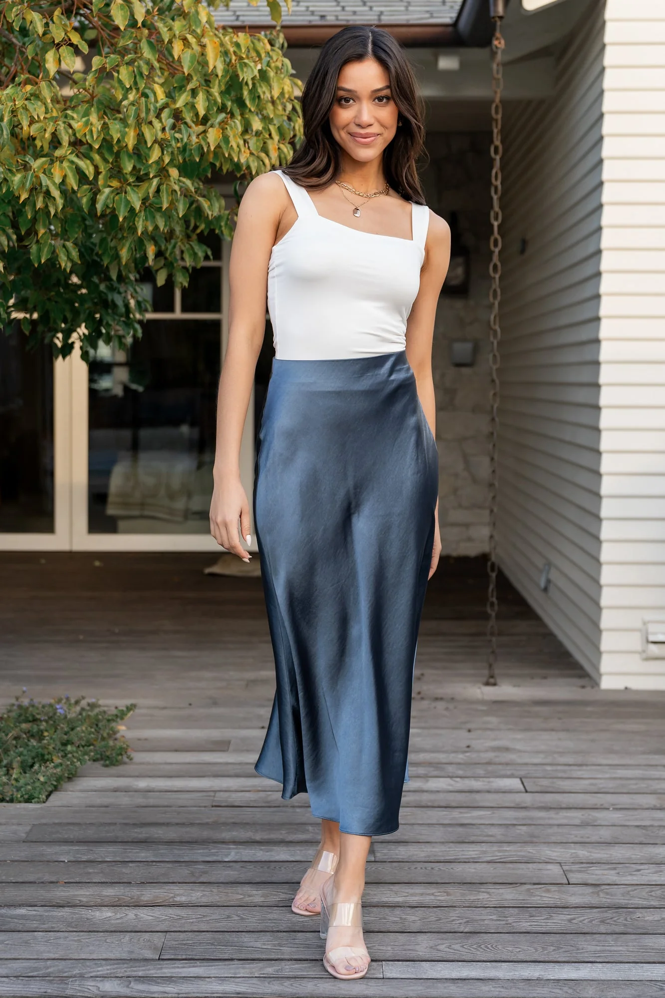 Celeste Satin Midi Skirt | Steel Blue - Meetpaco