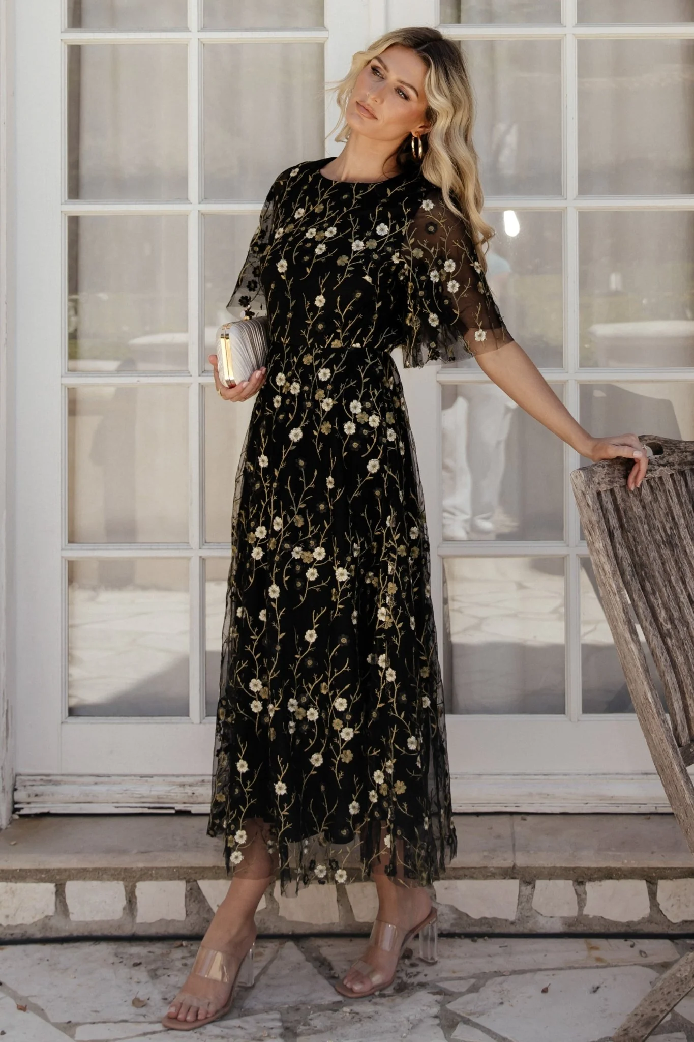 Arabella Embroidered Tulle Maxi Dress | Gold + Black - Meetpaco