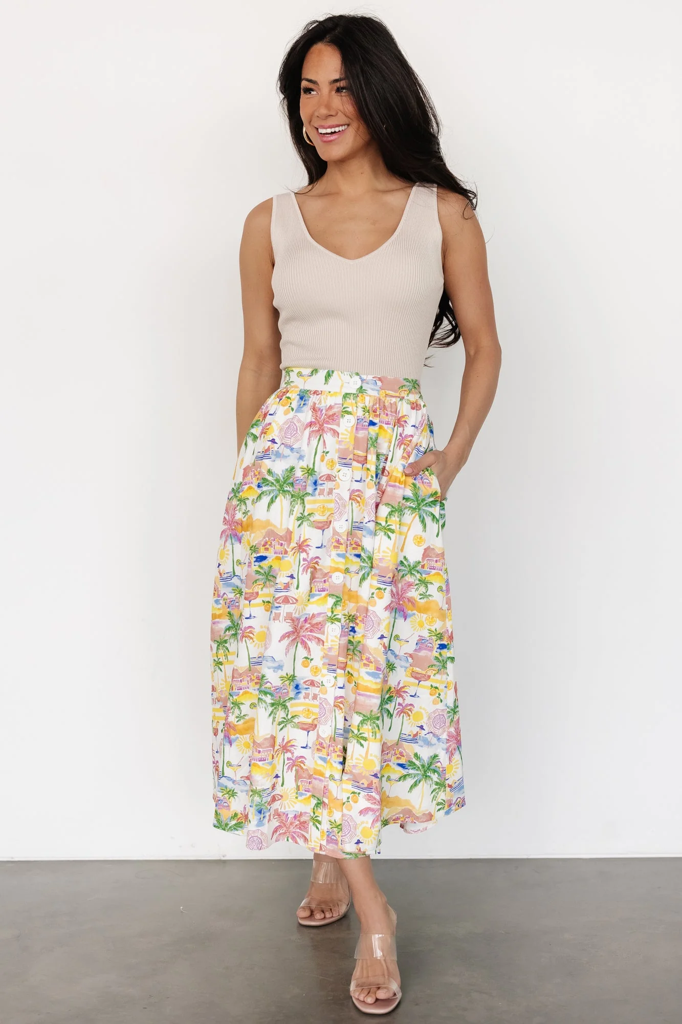 Gigi Button Midi Skirt | Off White + Multi Print - Meetpaco