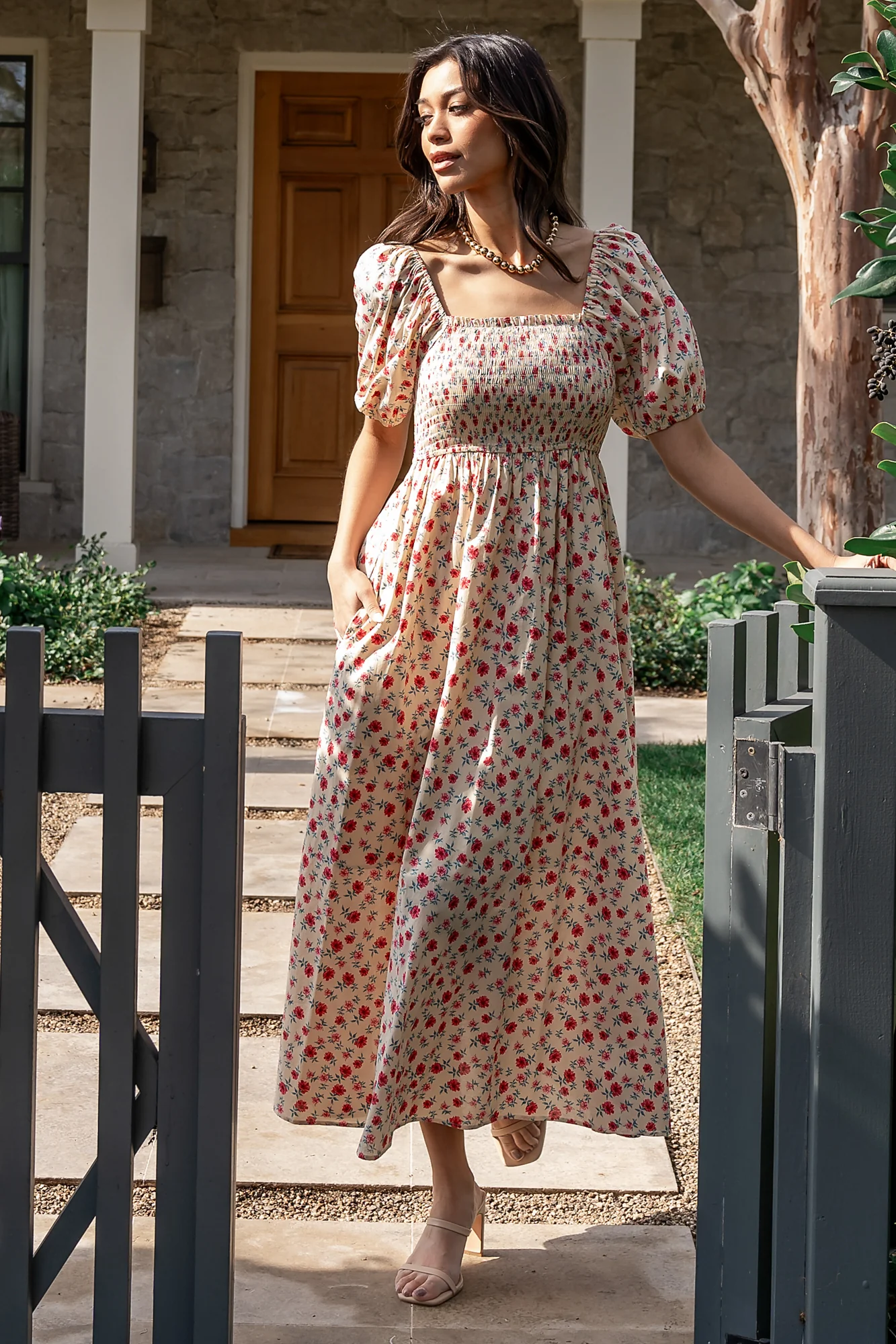 Haddie Smocked Midi Dress | Cream + Rose Floral - Meetpaco