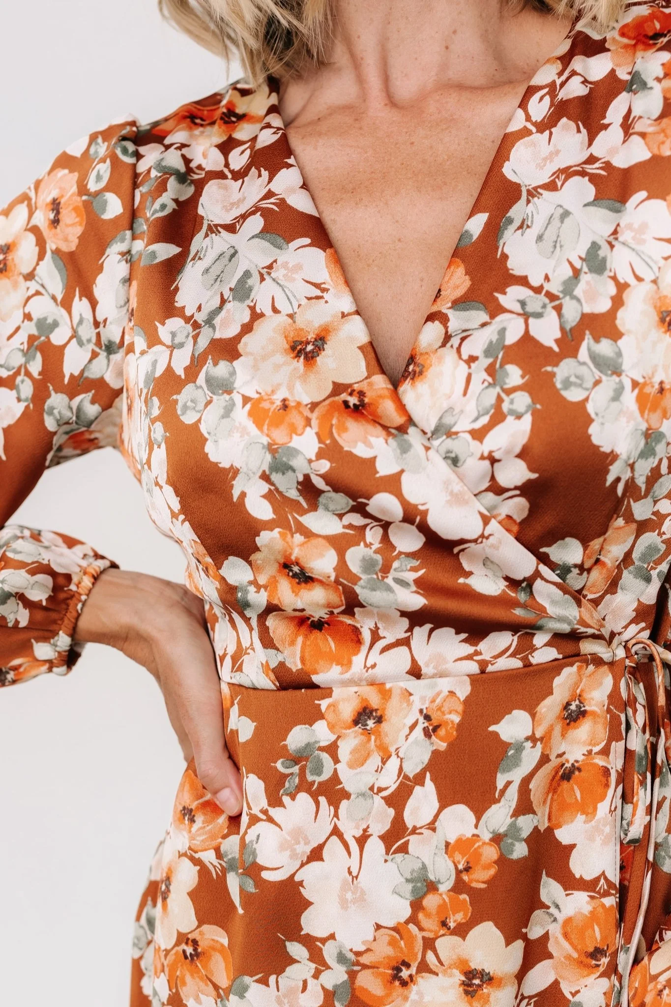 Clarissa Faux Wrap Midi Dress | Copper + Ivory - Meetpaco