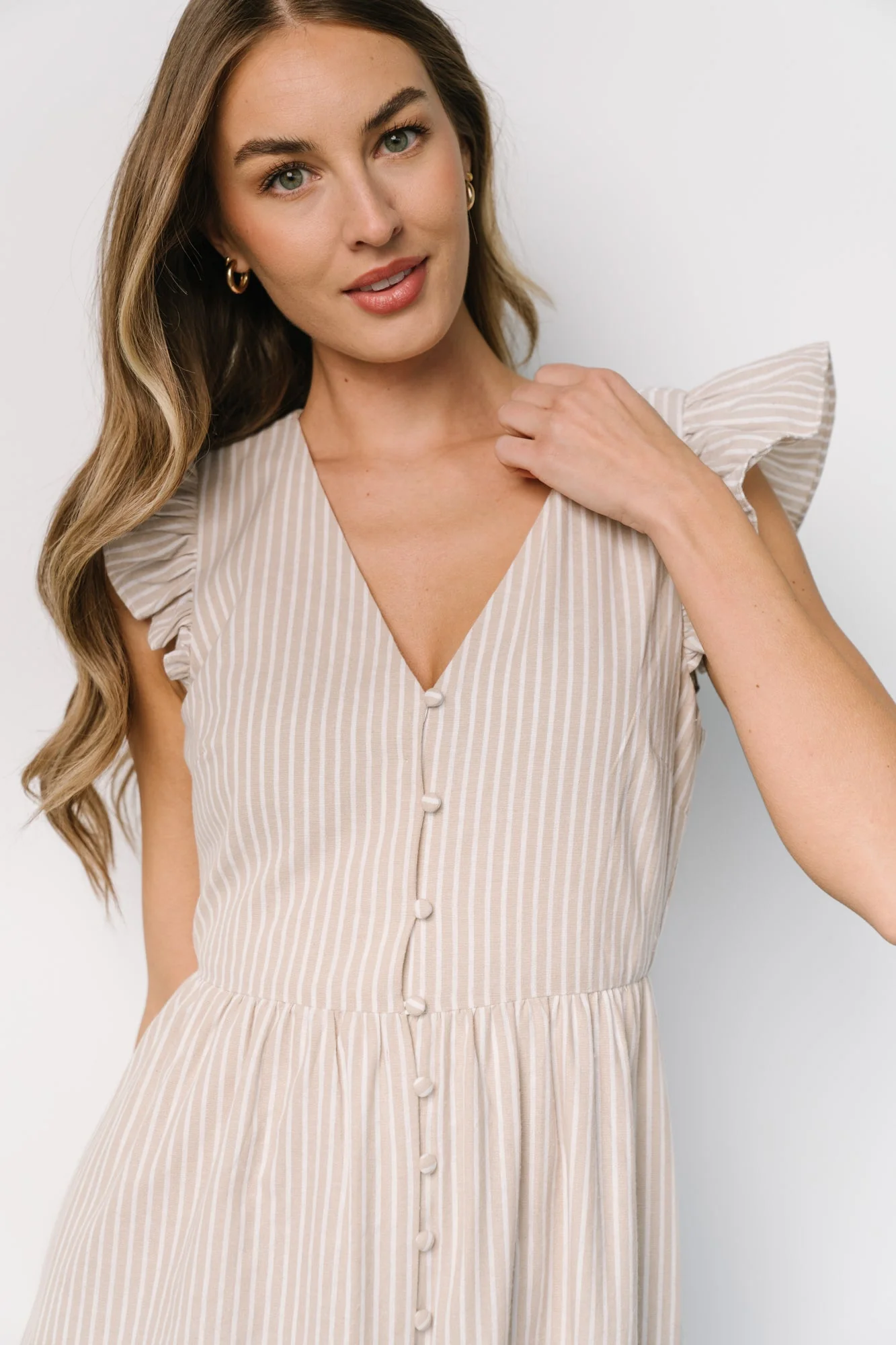 Hettie Button Maxi Dress | Beige Stripe - Meetpaco
