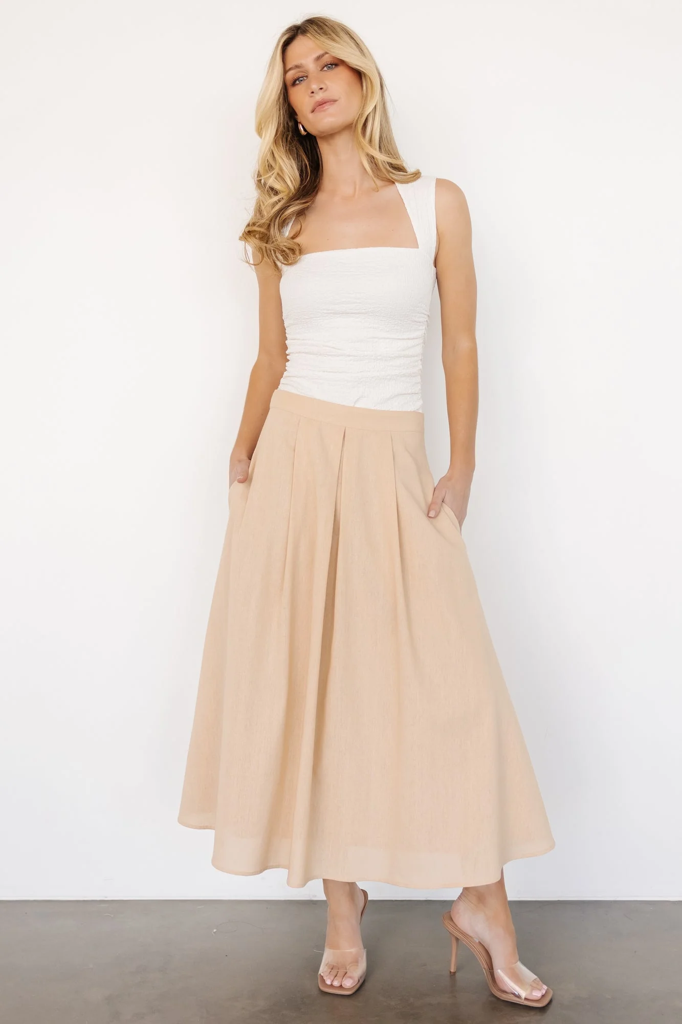 Katie Pleated Midi Skirt | Natural - Meetpaco