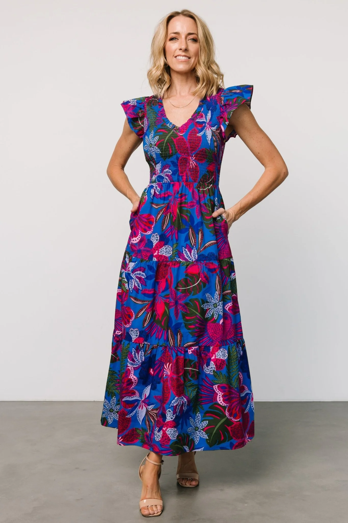 Ranchero Smocked Maxi Dress | Cobalt + Fuchsia Print - Meetpaco