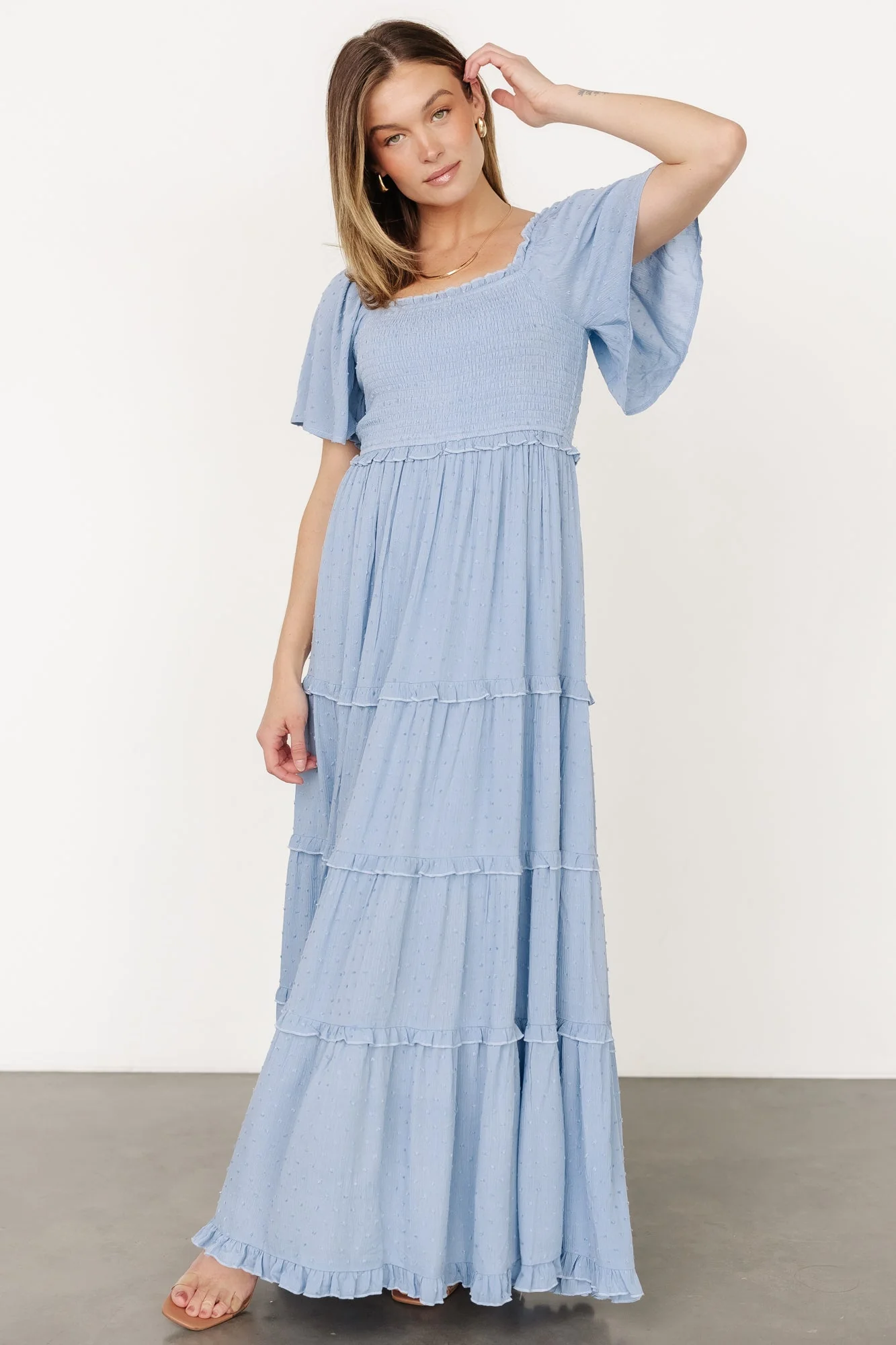 Lenora Smocked Dotted Maxi Dress | Dusty Blue - Meetpaco