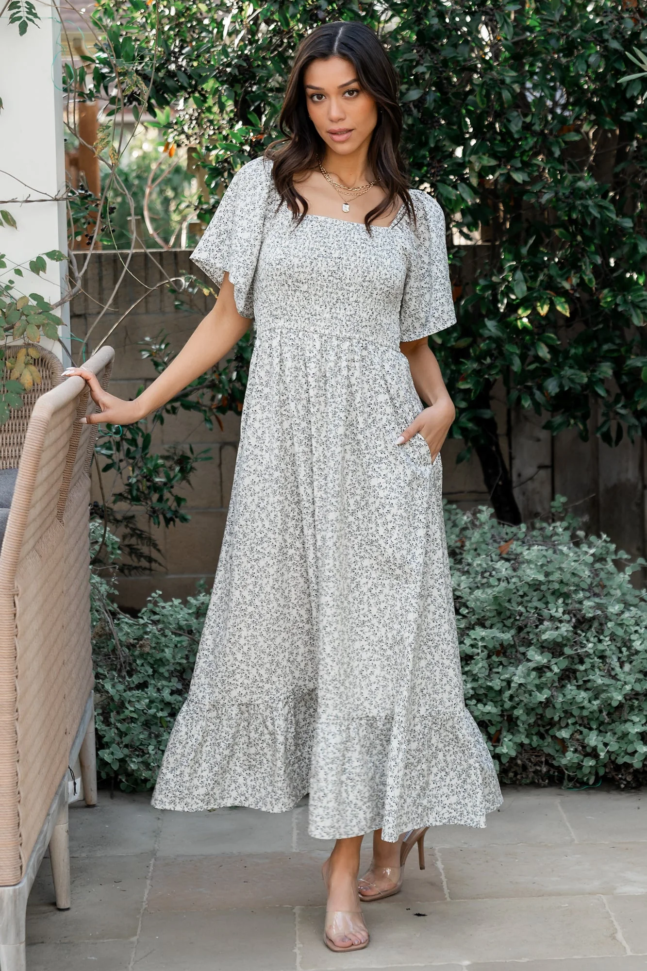 Cassis Smocked Midi Dress | Ivory + Black Floral - Meetpaco