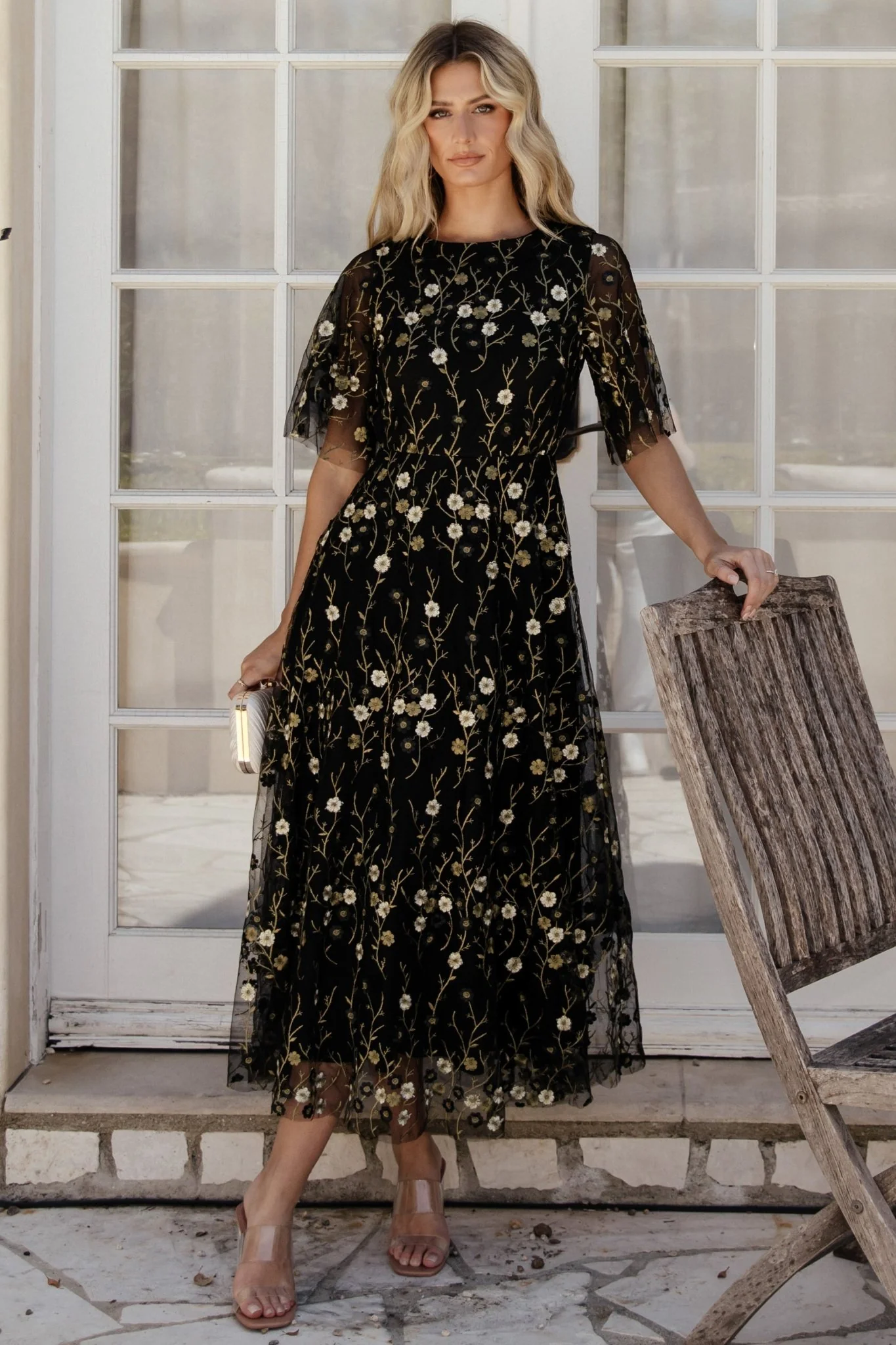 Arabella Embroidered Tulle Maxi Dress | Gold + Black - Meetpaco