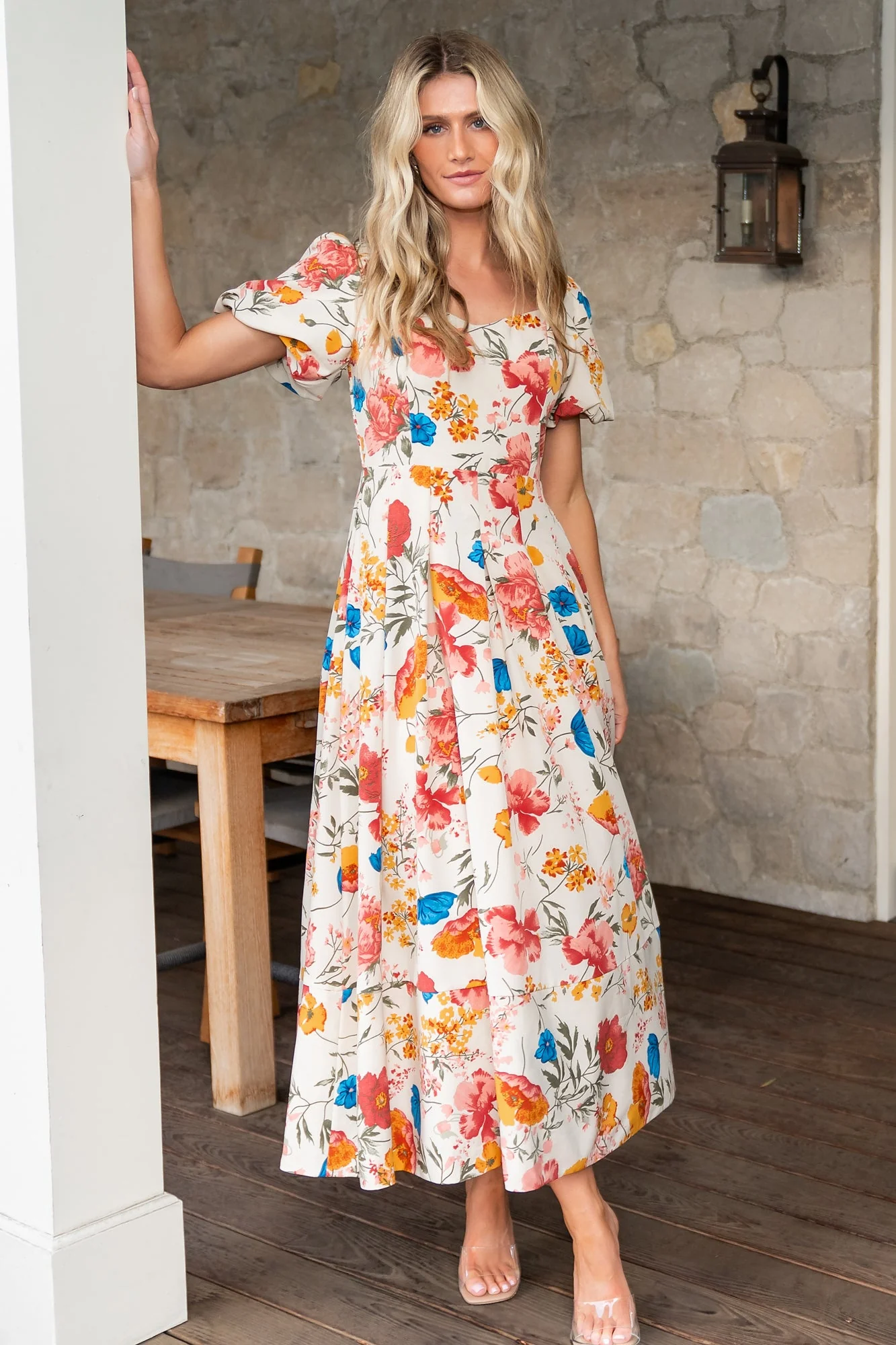 Greta Pleated Maxi Dress | Cream Multi Floral - Meetpaco