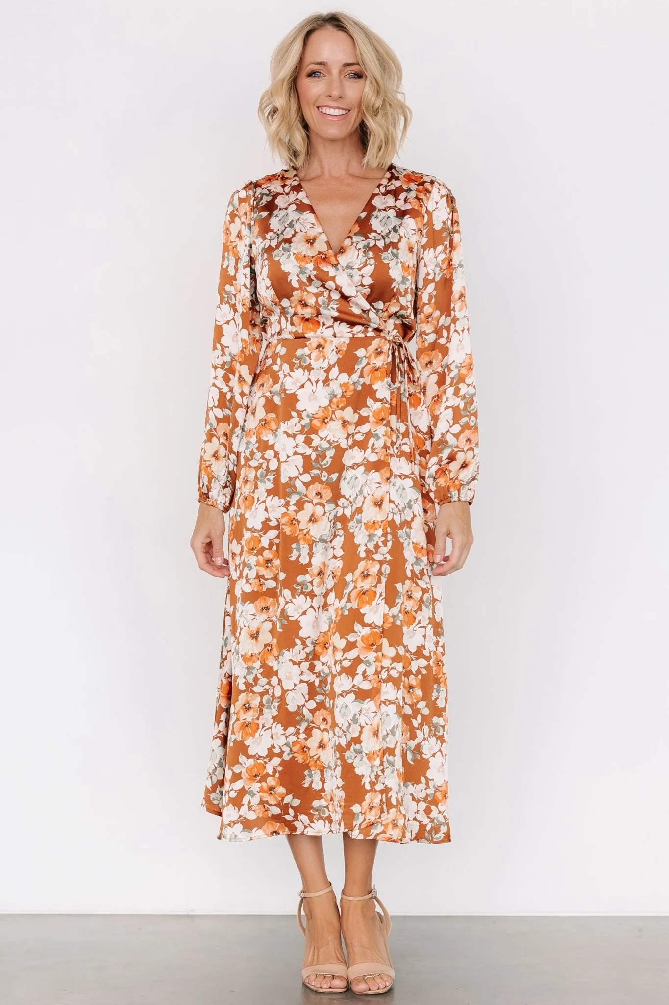 Clarissa Faux Wrap Midi Dress | Copper + Ivory - Meetpaco