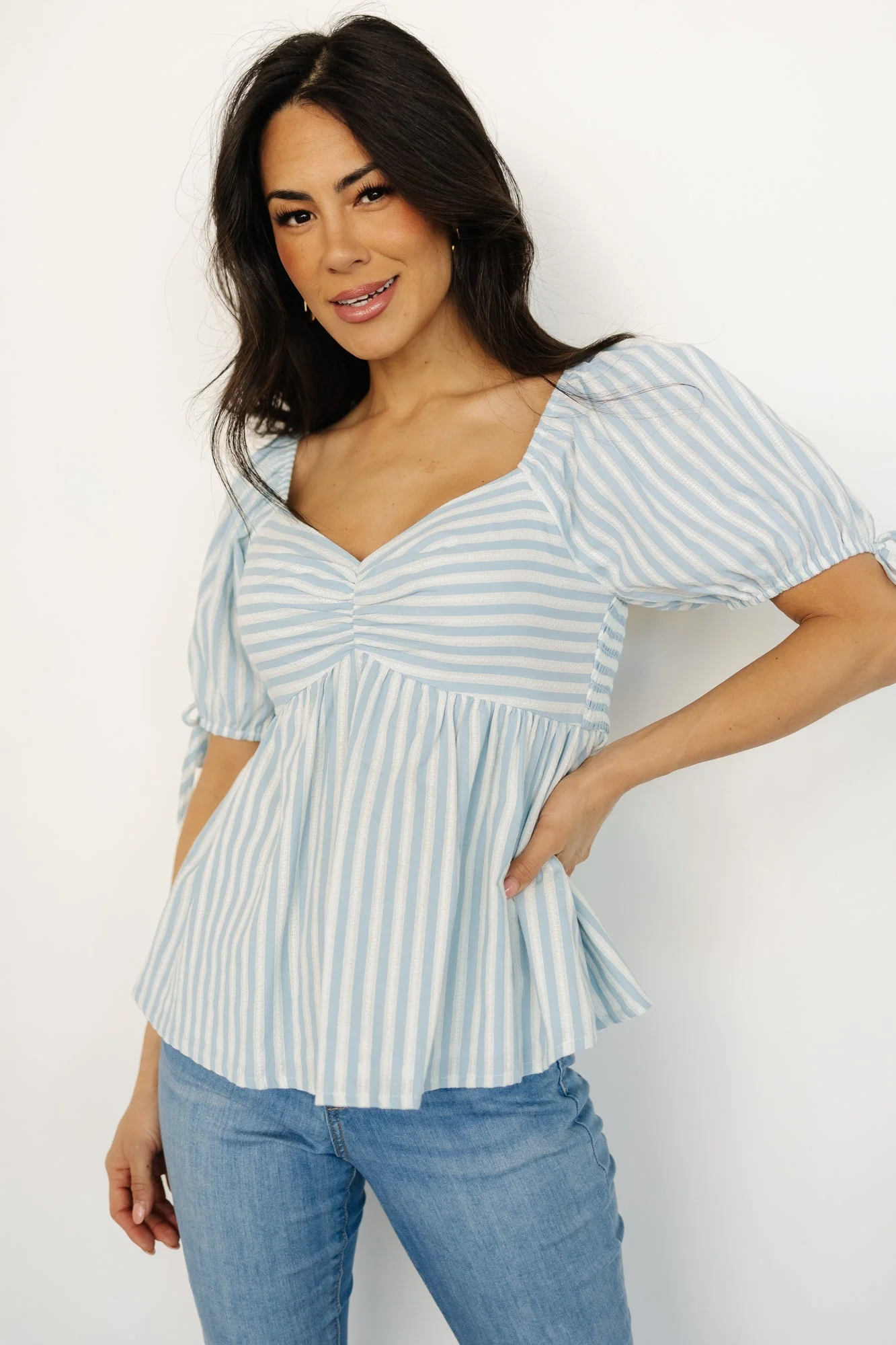 Betsy Peplum Top | Blue + White Stripe - Meetpaco