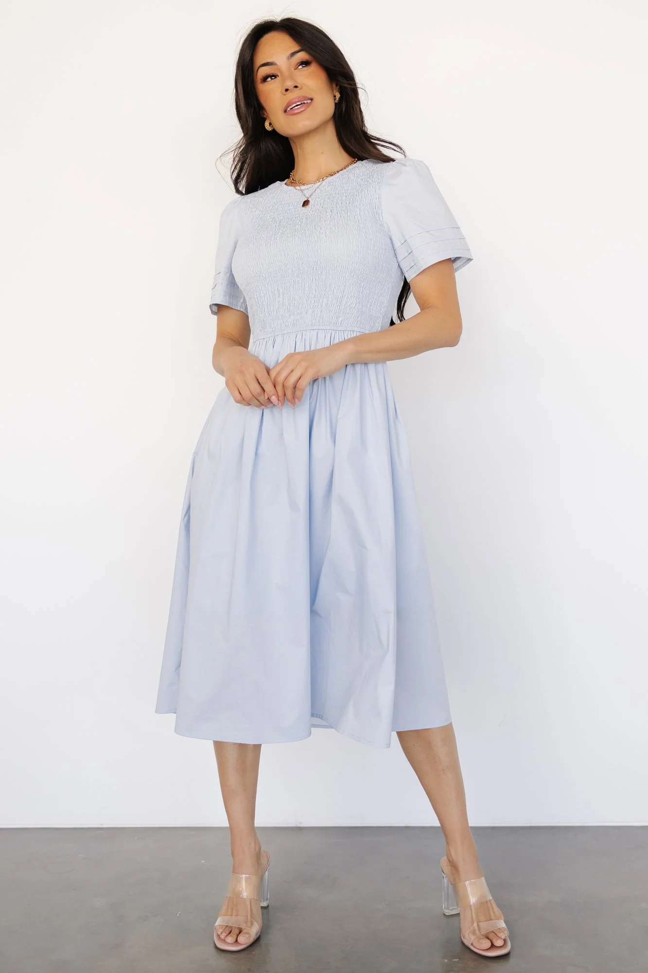 Farrah Smocked Midi Dress | Light Blue - Meetpaco