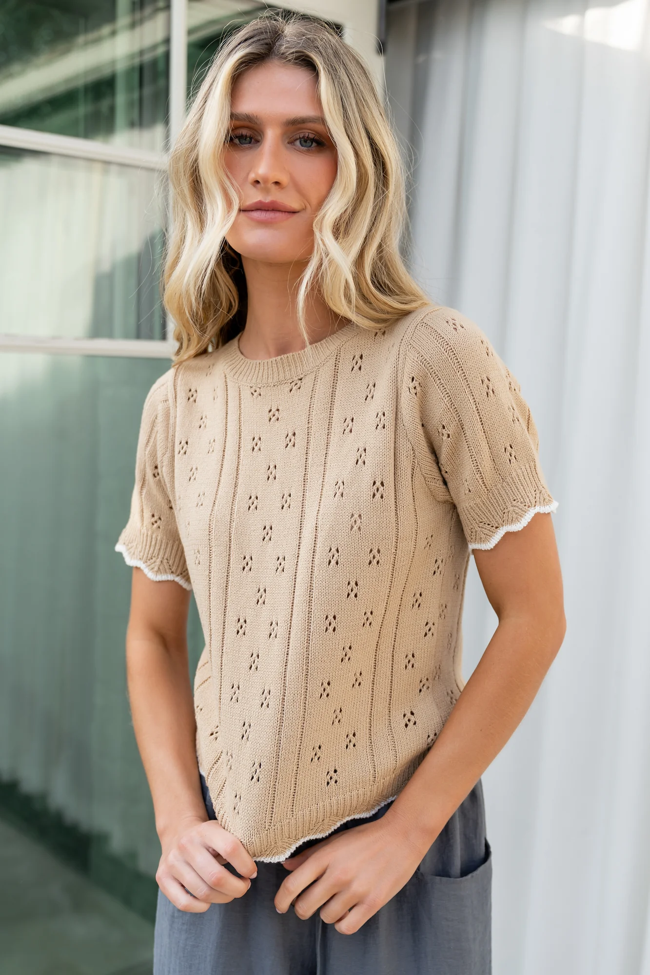 Britt Pointelle Knit Top | Natural + Ivory - Meetpaco
