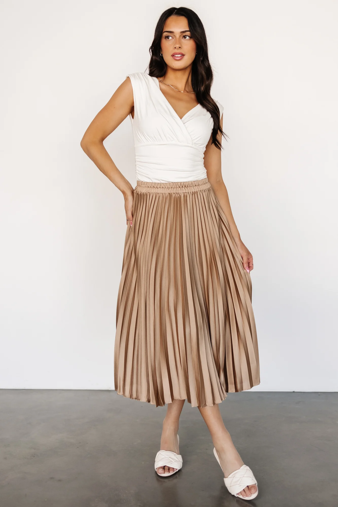 Demetria Pleated Midi Skirt | Light Bronze - Meetpaco