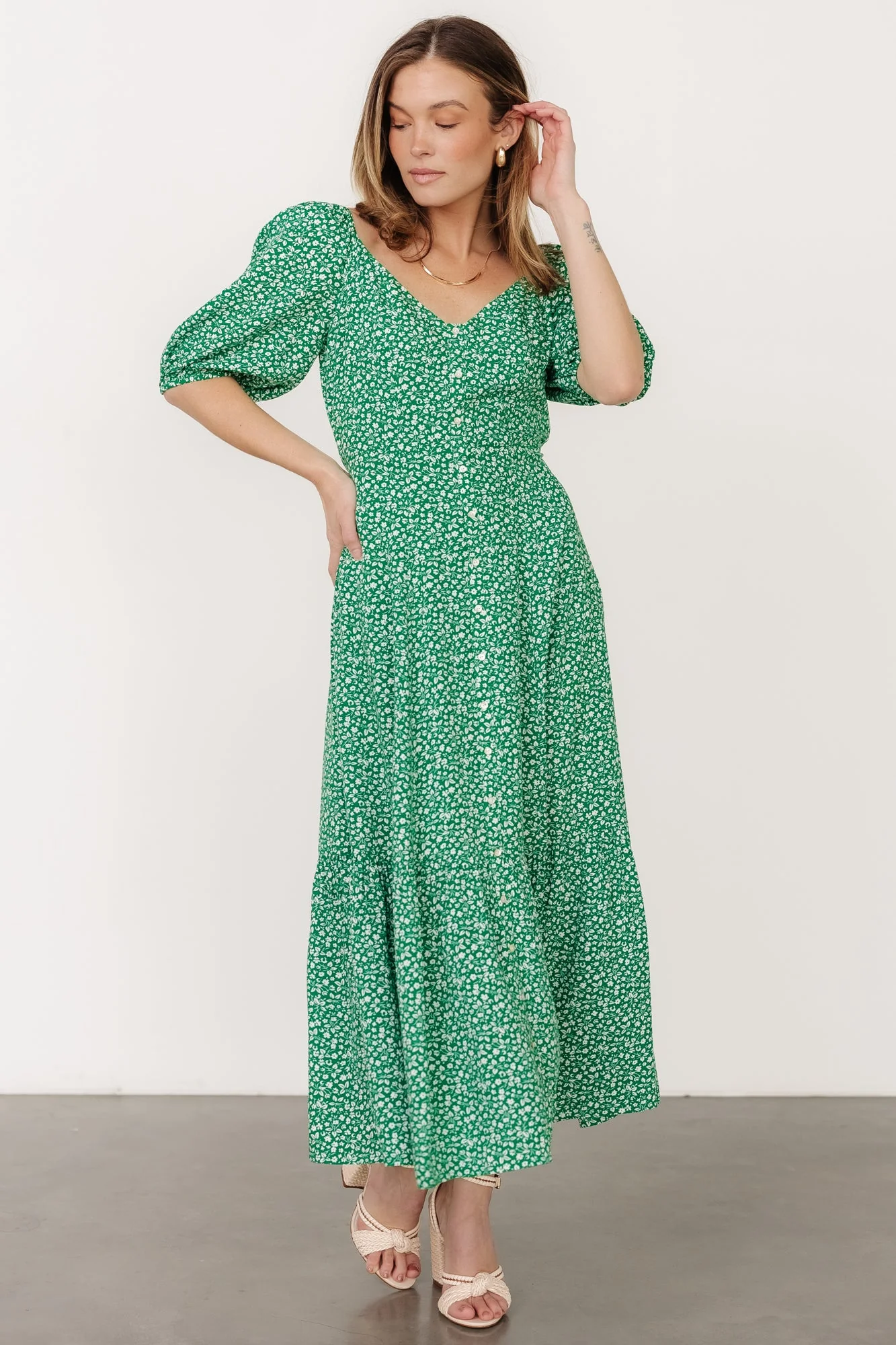 Elisabeth Button Dress | Green Floral - Meetpaco