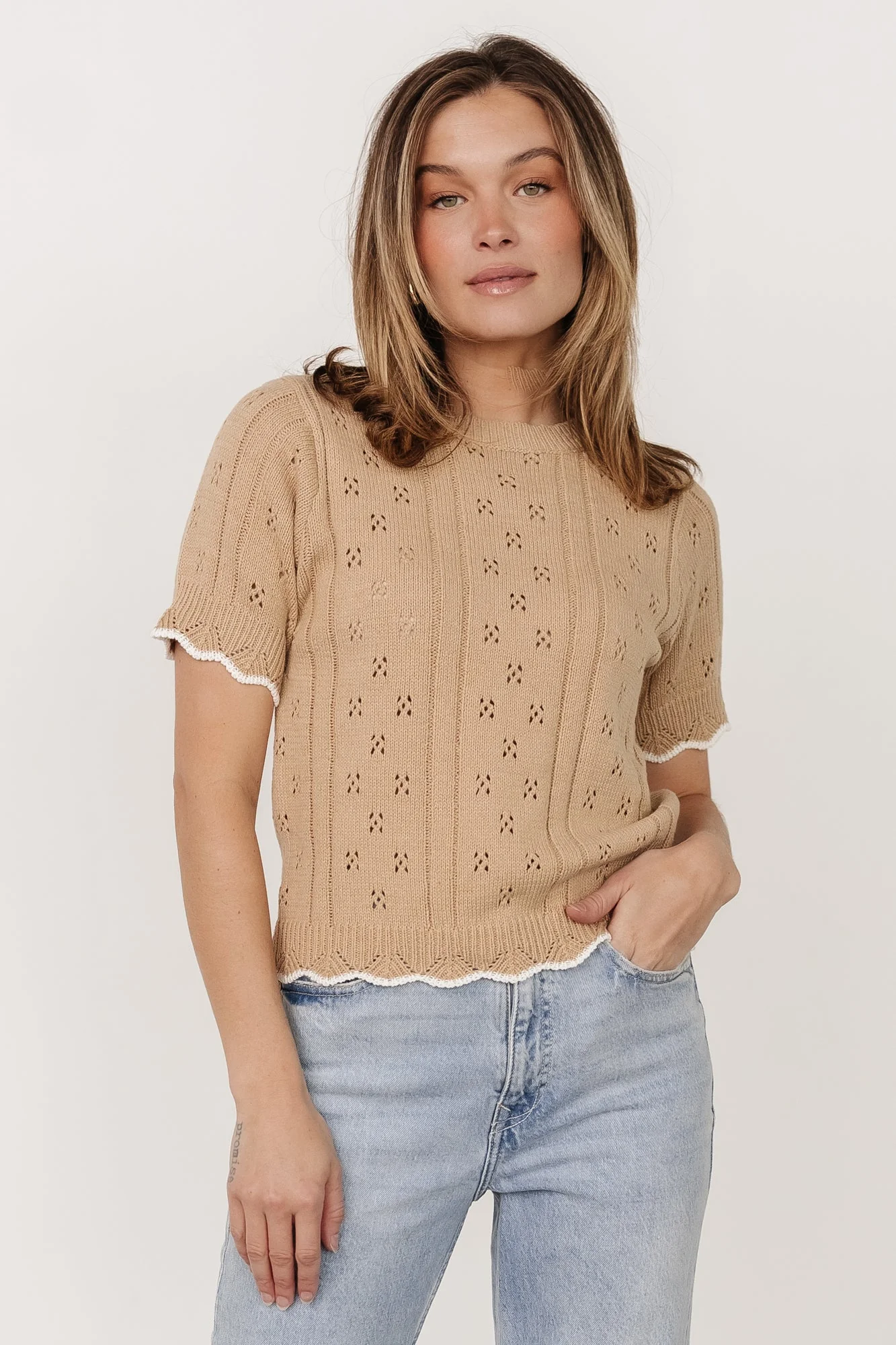 Britt Pointelle Knit Top | Natural + Ivory - Meetpaco