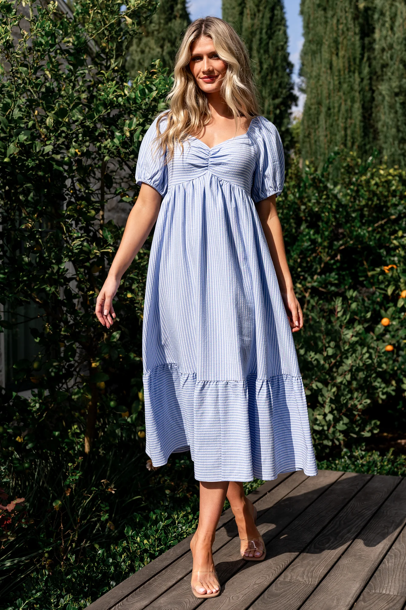 Poppy Midi Dress | Blue + Off White - Meetpaco