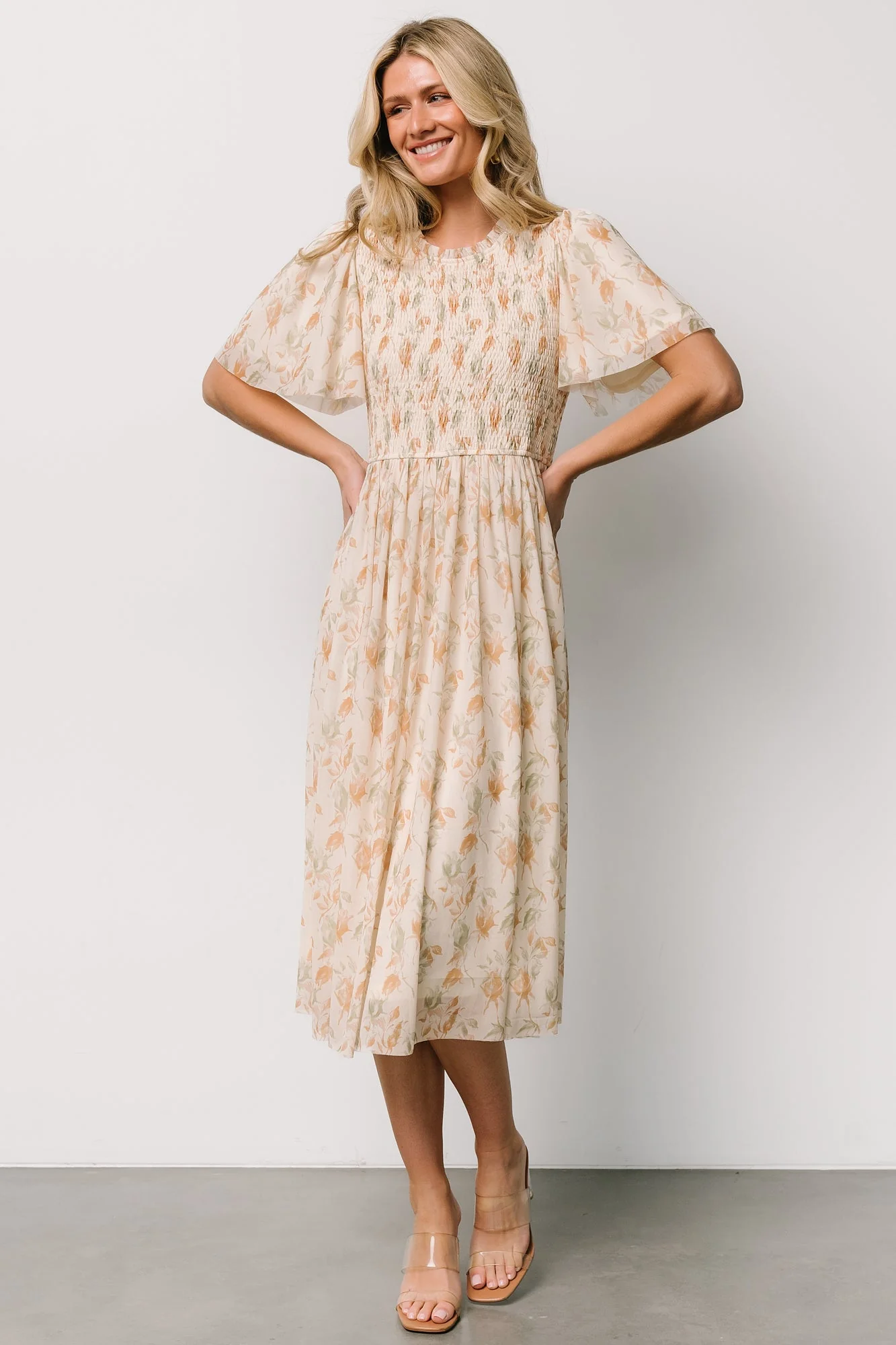 Bailey Smocked Midi Dress | Ivory + Golden Floral - Meetpaco