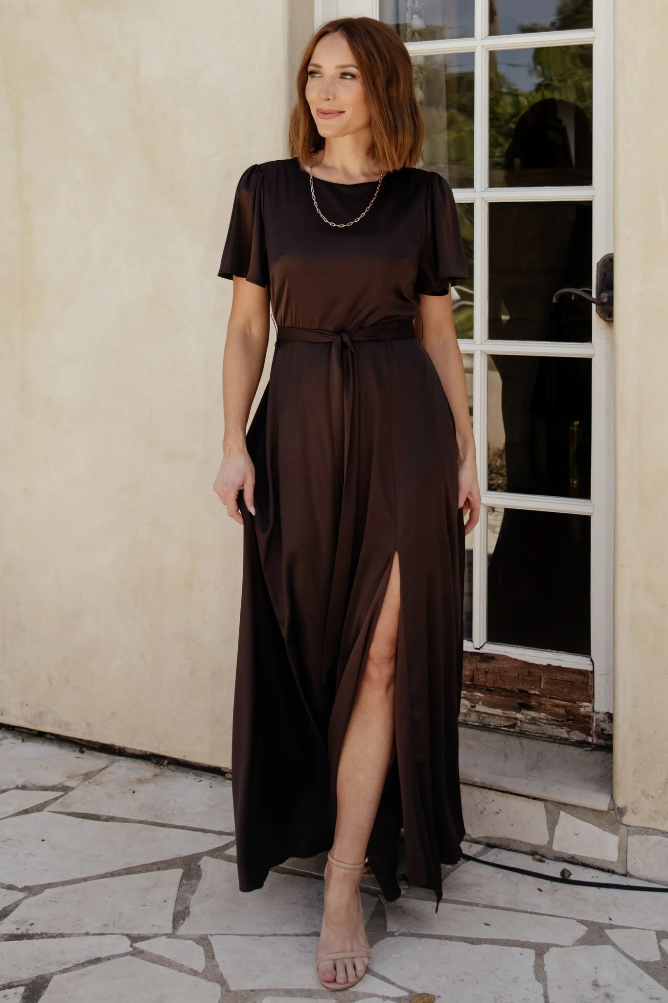 Agnes Satin Maxi Dress | Espresso - Meetpaco