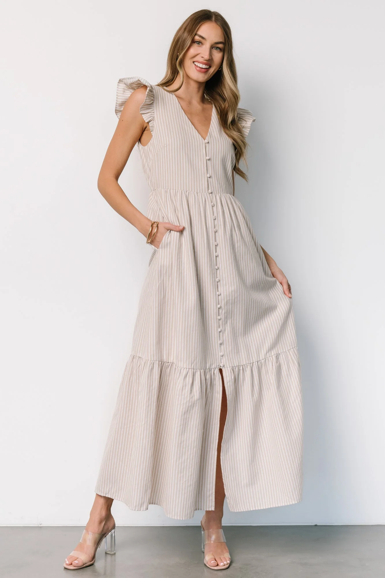 Hettie Button Maxi Dress | Beige Stripe - Meetpaco