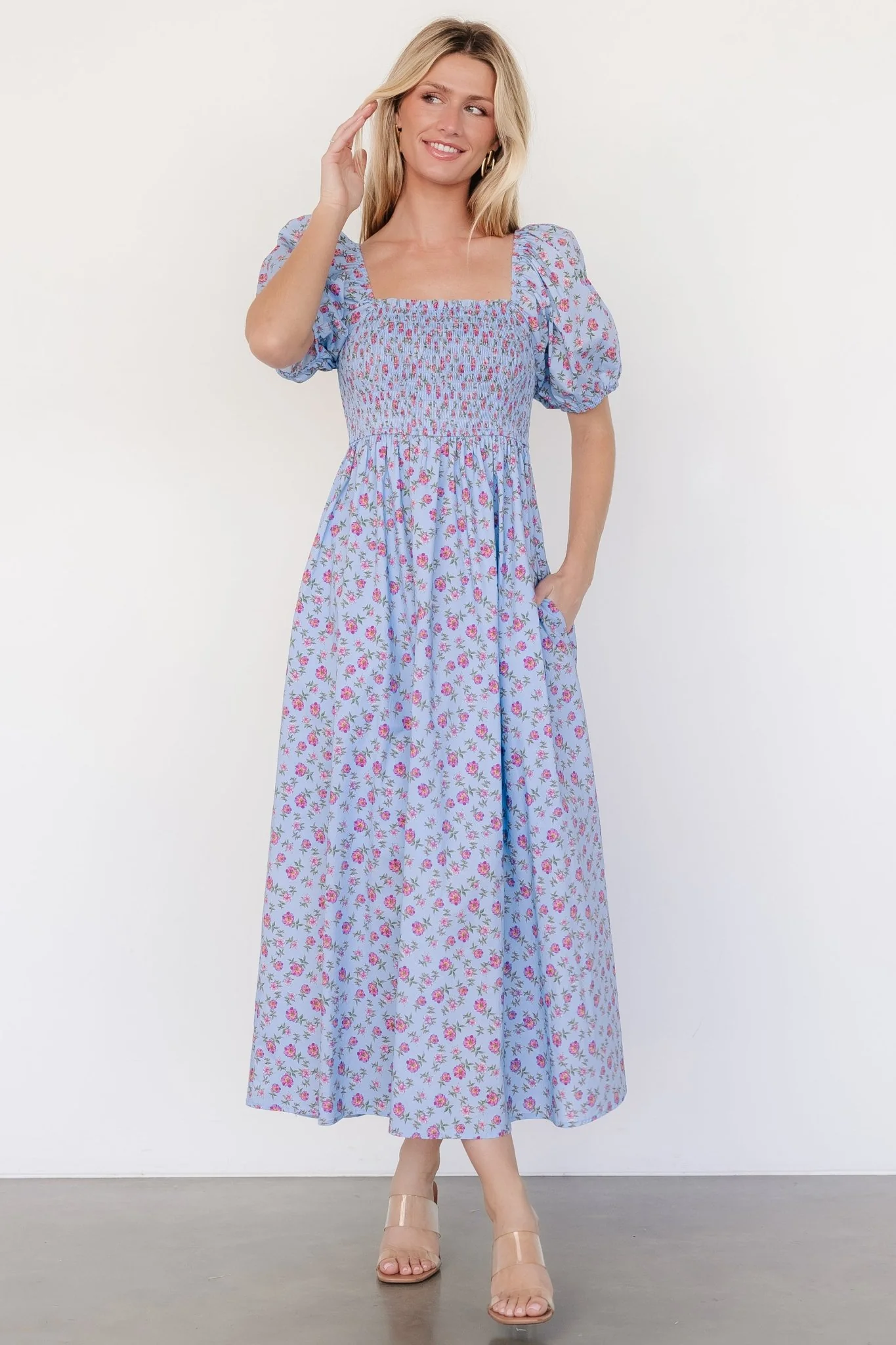 Haddie Smocked Midi Dress | Light Blue + Rose Floral - Meetpaco