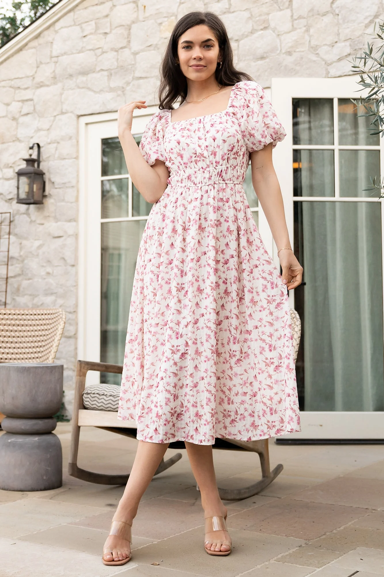 Dorine Midi Dress | Ivory + Blush Floral - Meetpaco