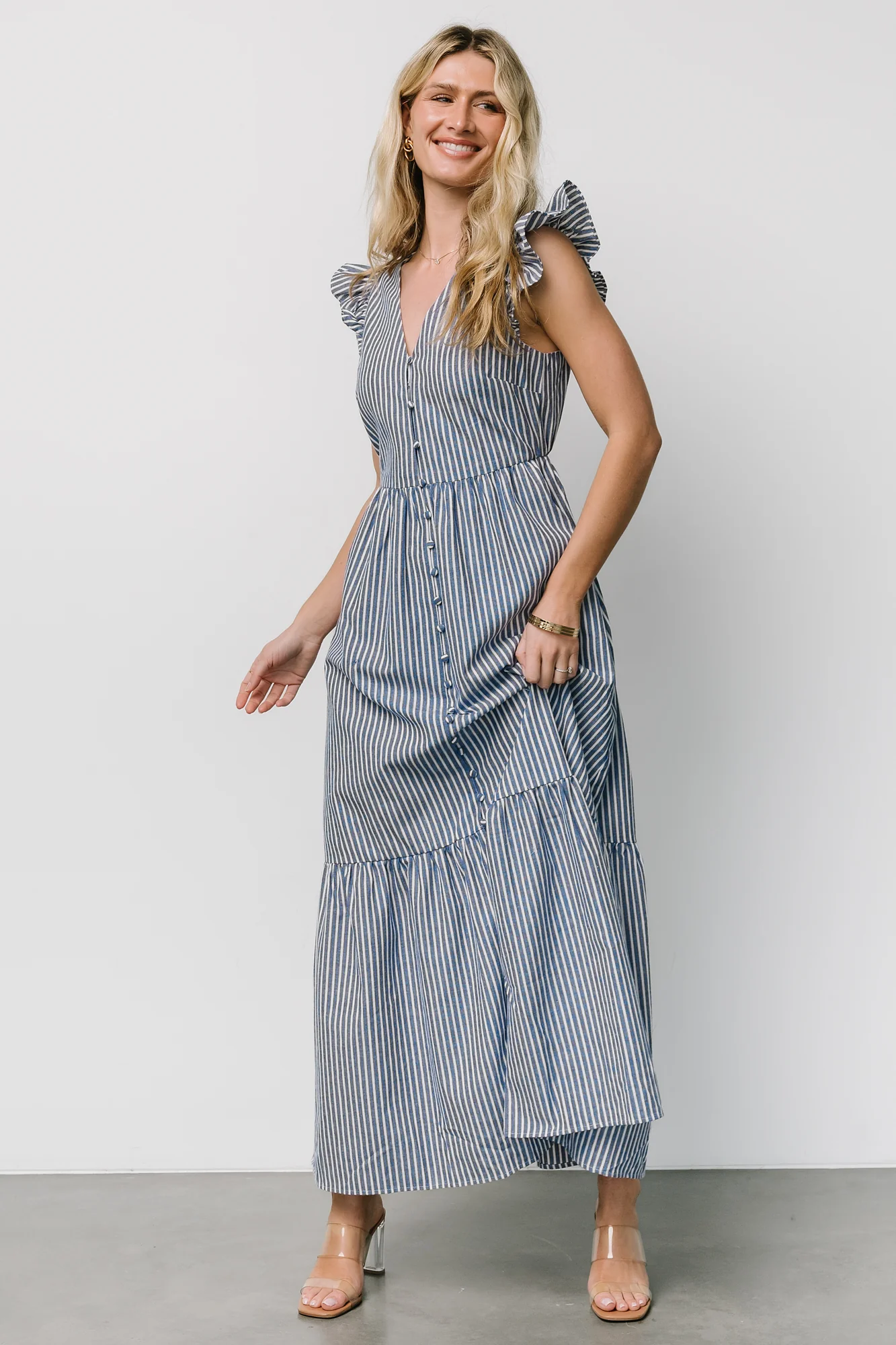 Hettie Button Maxi Dress | Blue Stripe - Meetpaco